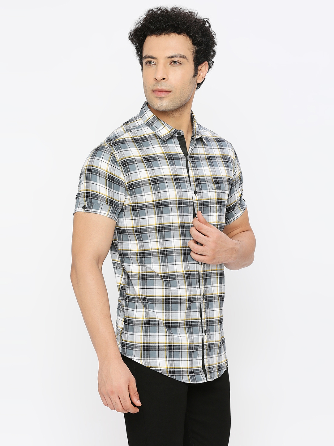spykar | Spykar Men Grey Slub Slim Fit Half Sleeve Checkered Shirt 2