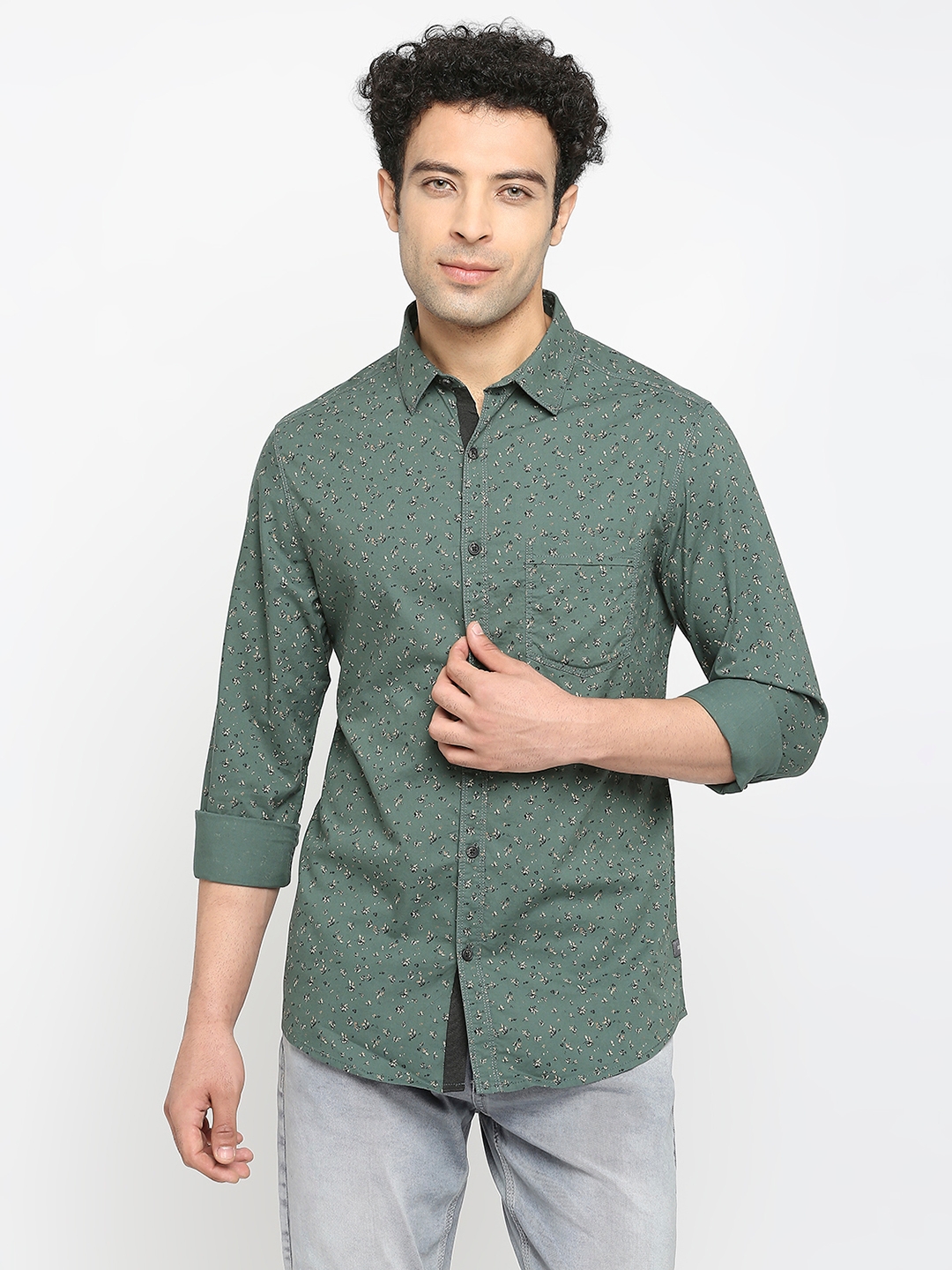 spykar | Spykar Men Sage Green Cotton Slim Fit Printed Shirt 0