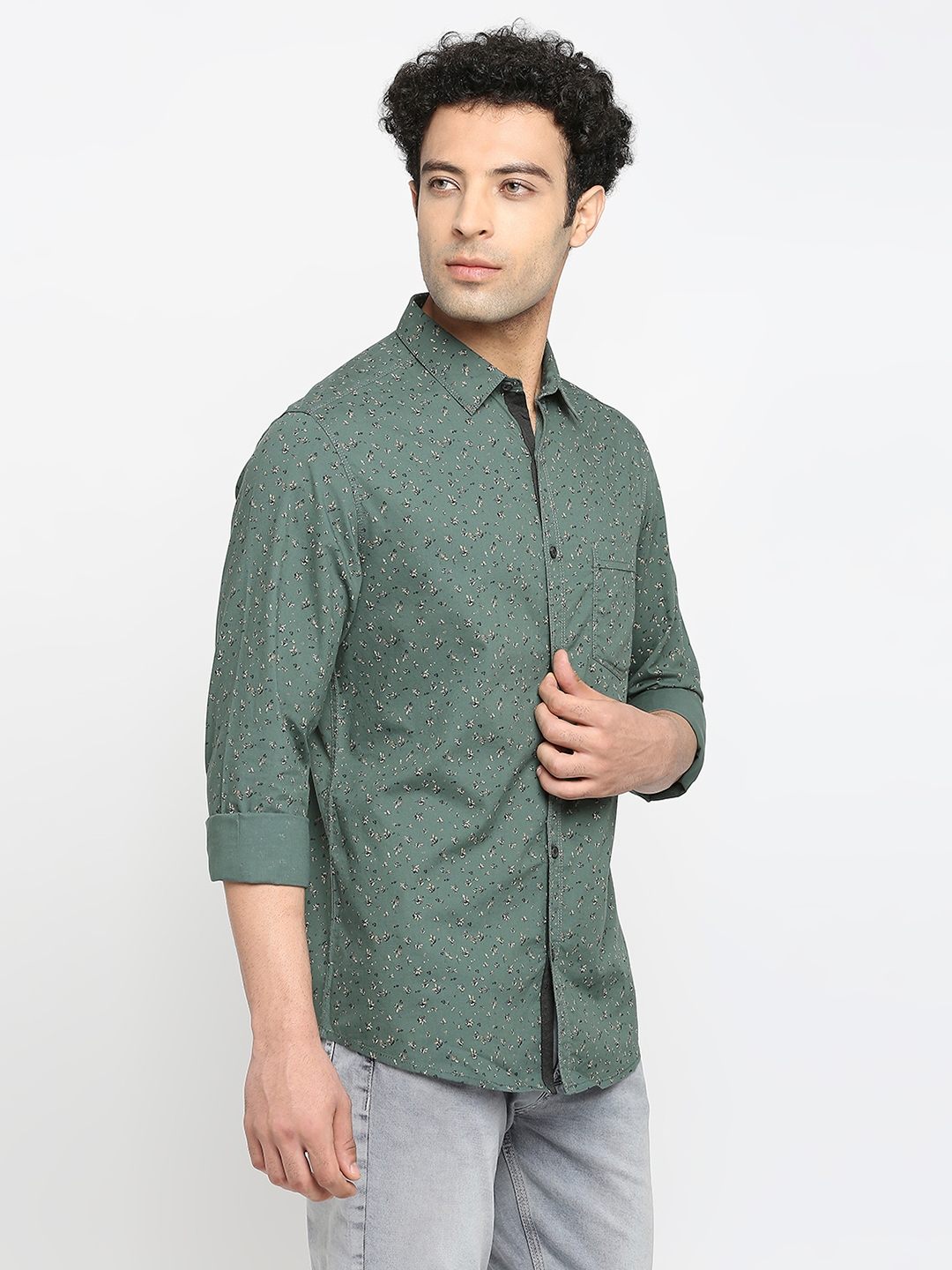 spykar | Spykar Men Sage Green Cotton Slim Fit Printed Shirt 2
