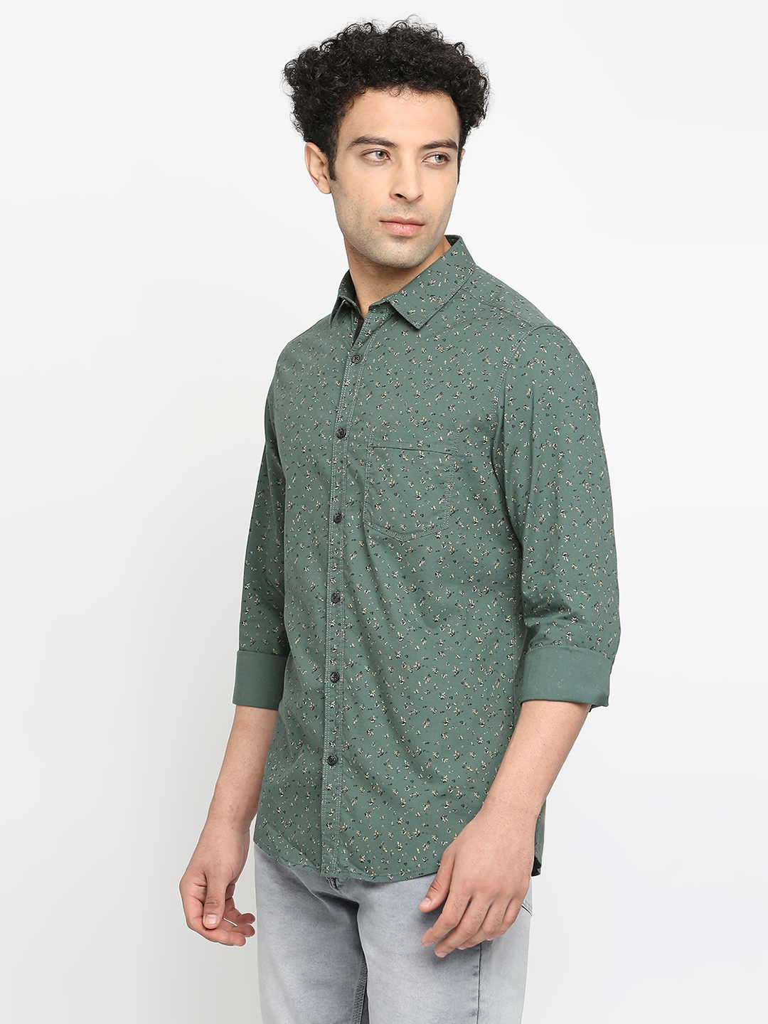 spykar | Spykar Men Sage Green Cotton Slim Fit Printed Shirt 1