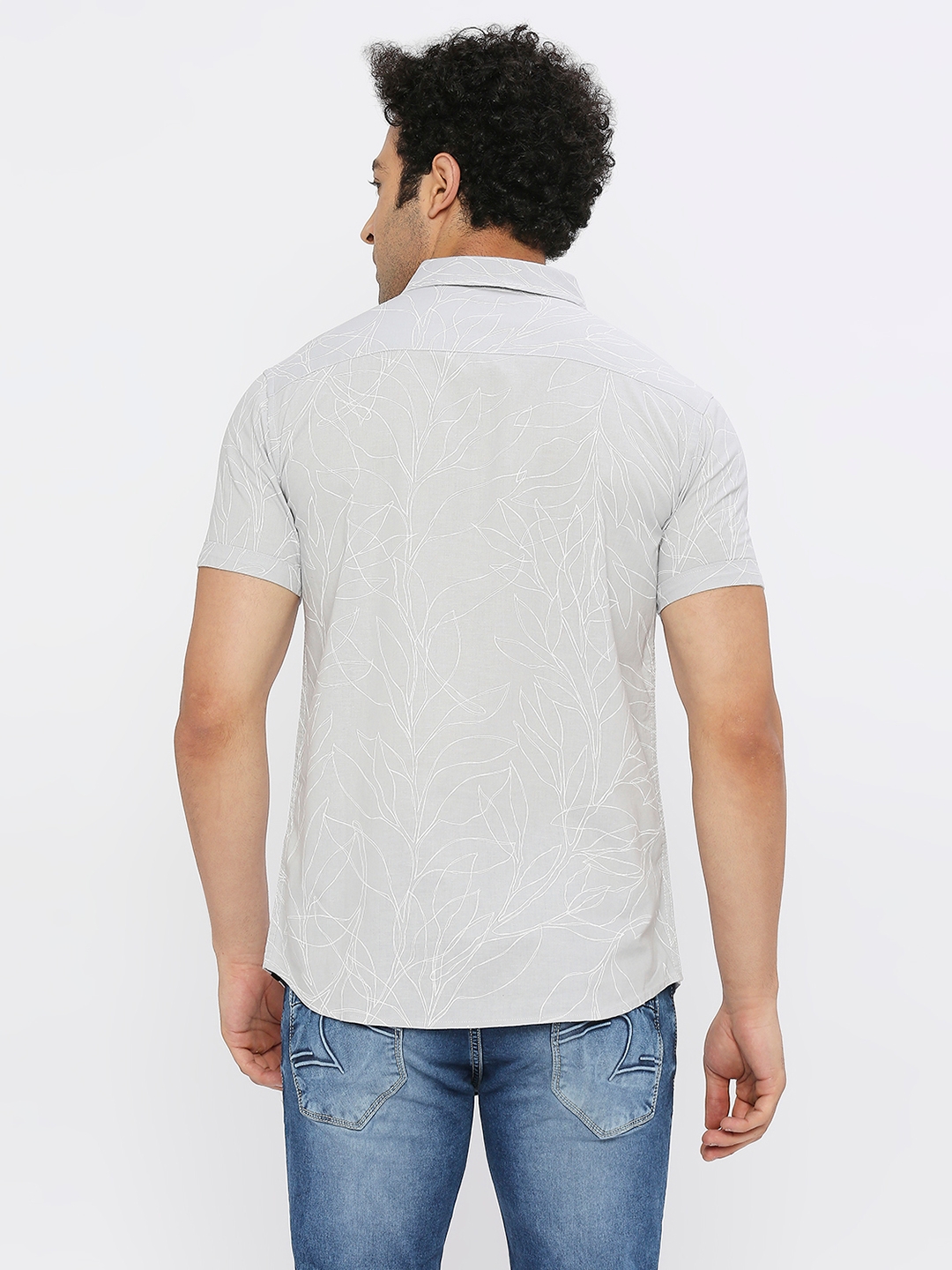 spykar | Spykar Men Light Grey Linen Slim Fit Half Sleeve Printed Shirt 3