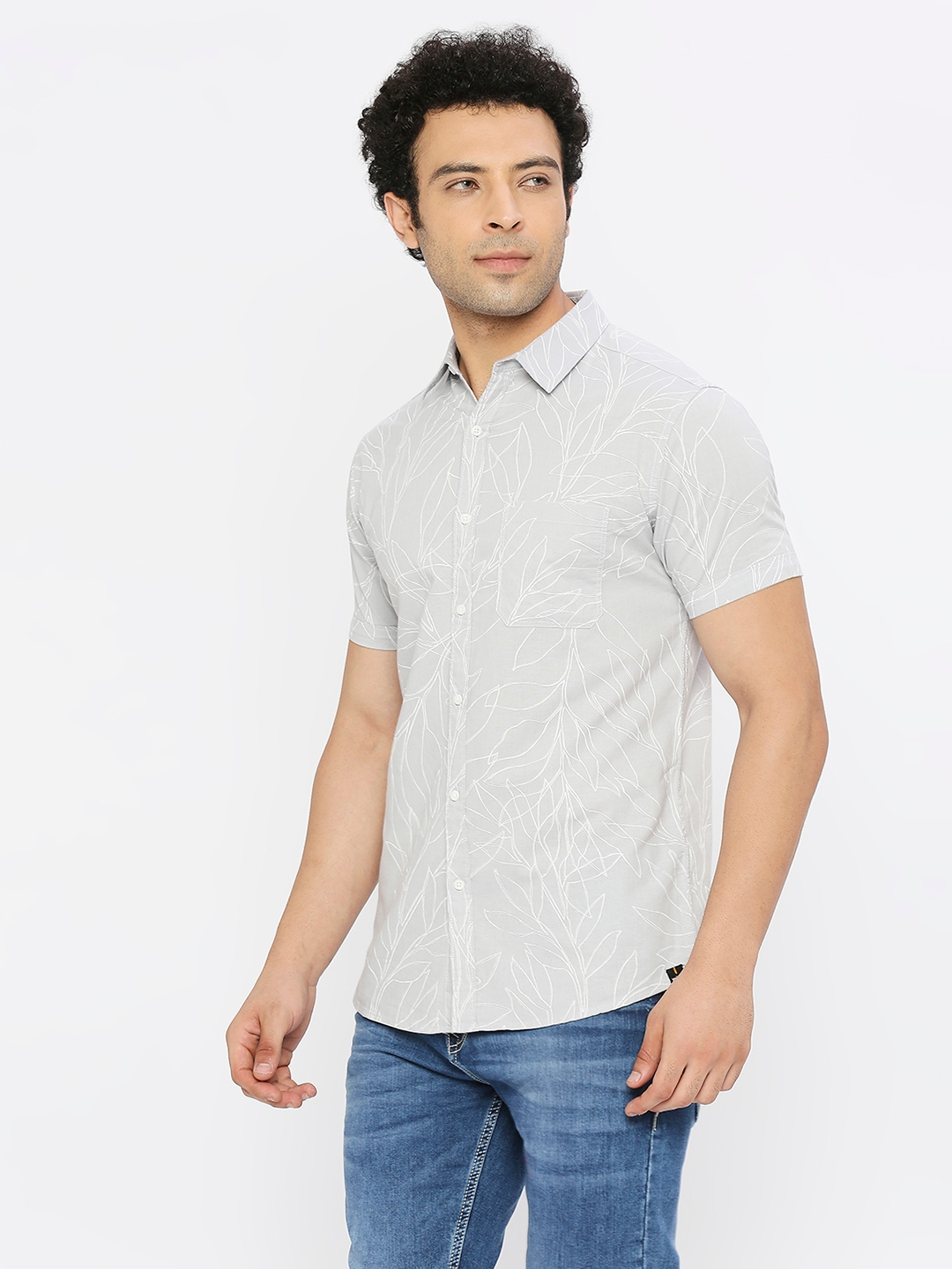 spykar | Spykar Men Light Grey Linen Slim Fit Half Sleeve Printed Shirt 1