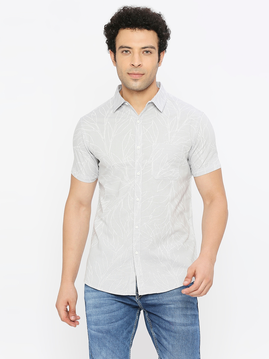spykar | Spykar Men Light Grey Linen Slim Fit Half Sleeve Printed Shirt 0