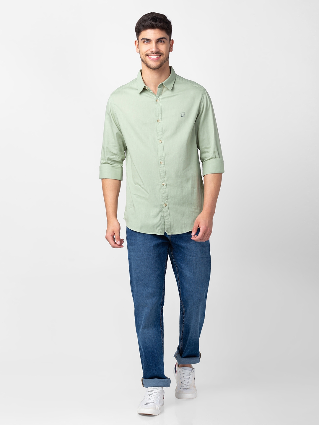 spykar | Spykar Men Pista Green Cotton Slim Fit Plain Shirt 1