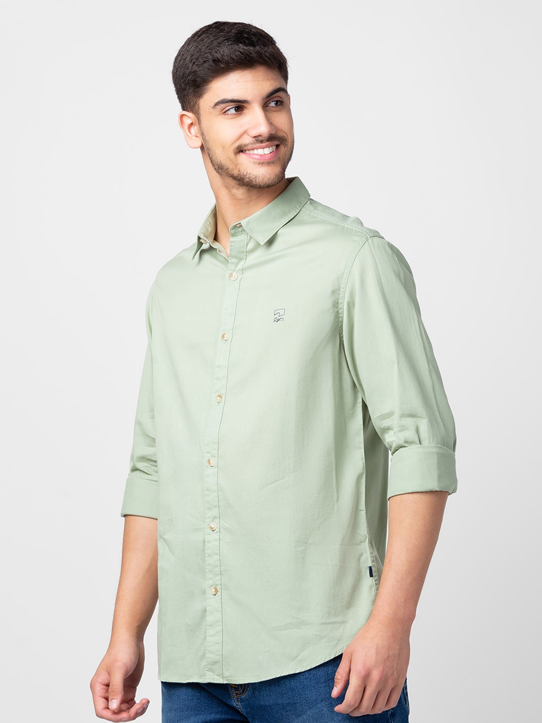 spykar | Spykar Men Pista Green Cotton Slim Fit Plain Shirt 3