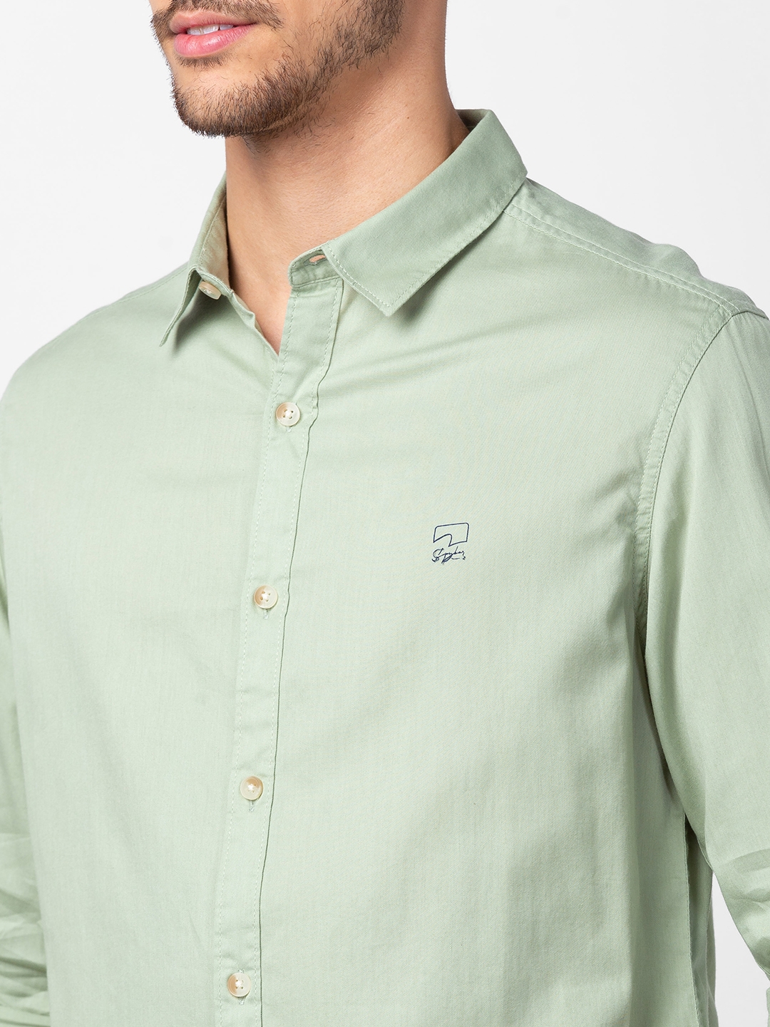 spykar | Spykar Men Pista Green Cotton Slim Fit Plain Shirt 4