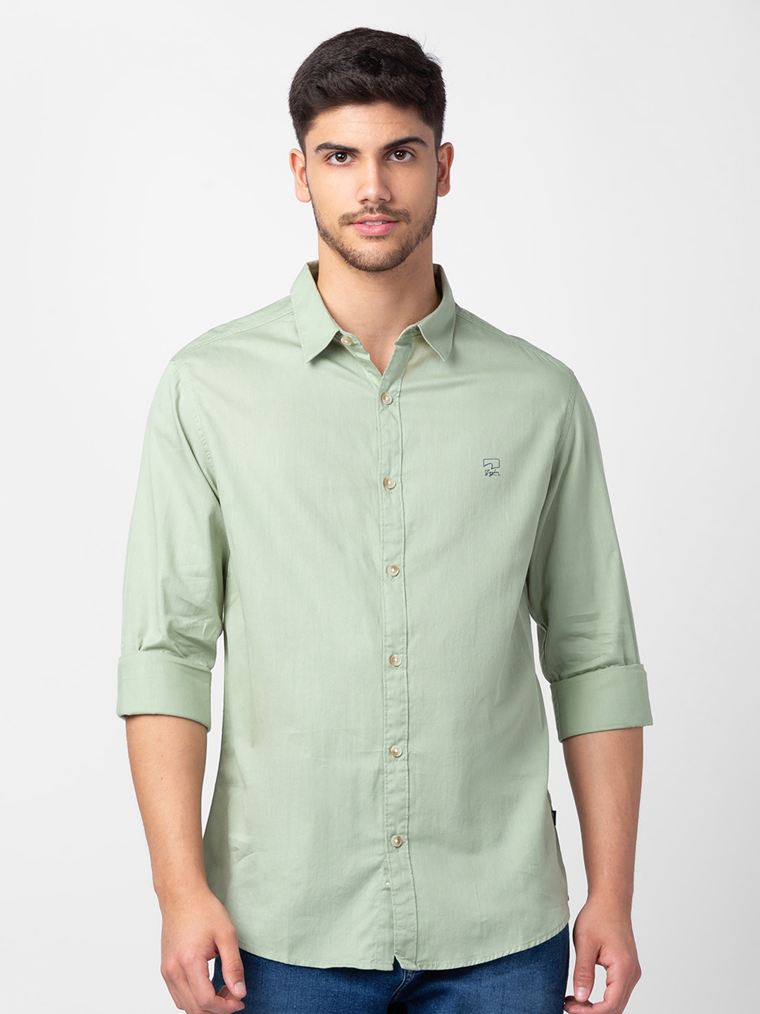 spykar | Spykar Men Pista Green Cotton Slim Fit Plain Shirt 0