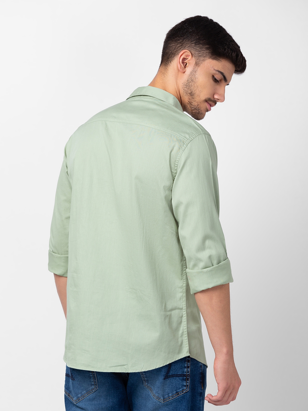 spykar | Spykar Men Pista Green Cotton Slim Fit Plain Shirt 2
