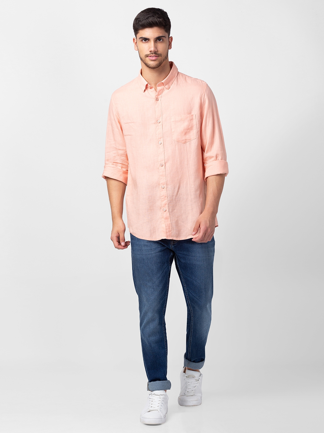 spykar | Spykar Men Peach Cotton Slim Fit Plain Shirt 1