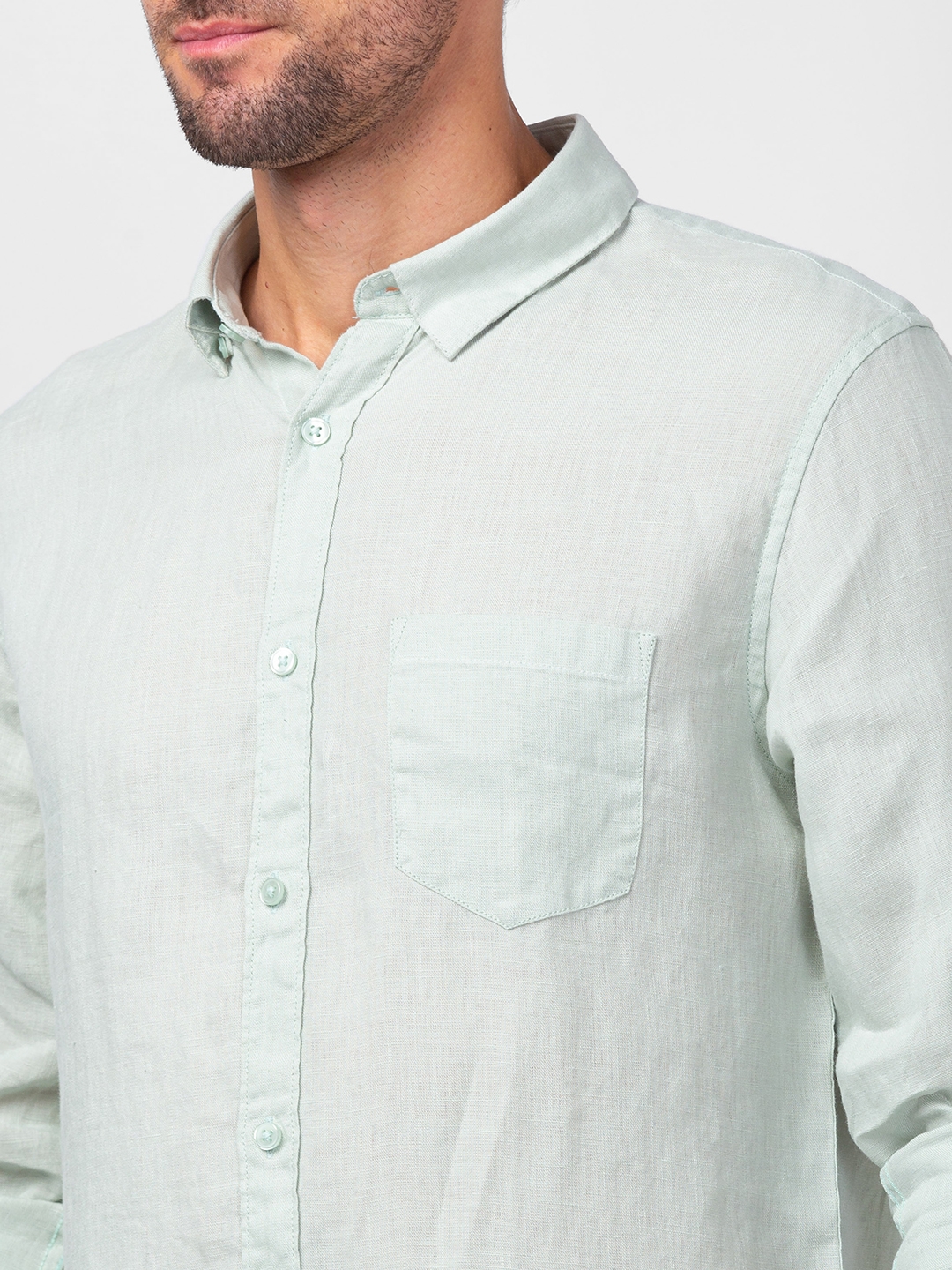 spykar | Spykar Men Pista Green LINEN Regular Slim Fit Plain Shirt 4