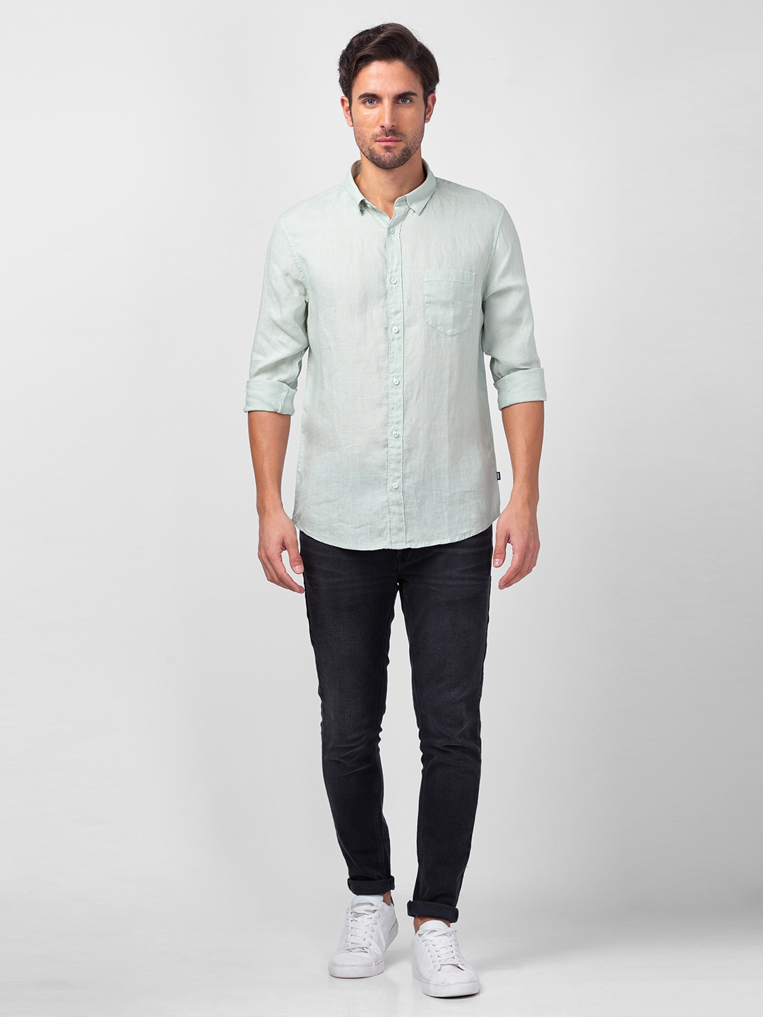 spykar | Spykar Men Pista Green LINEN Regular Slim Fit Plain Shirt 1