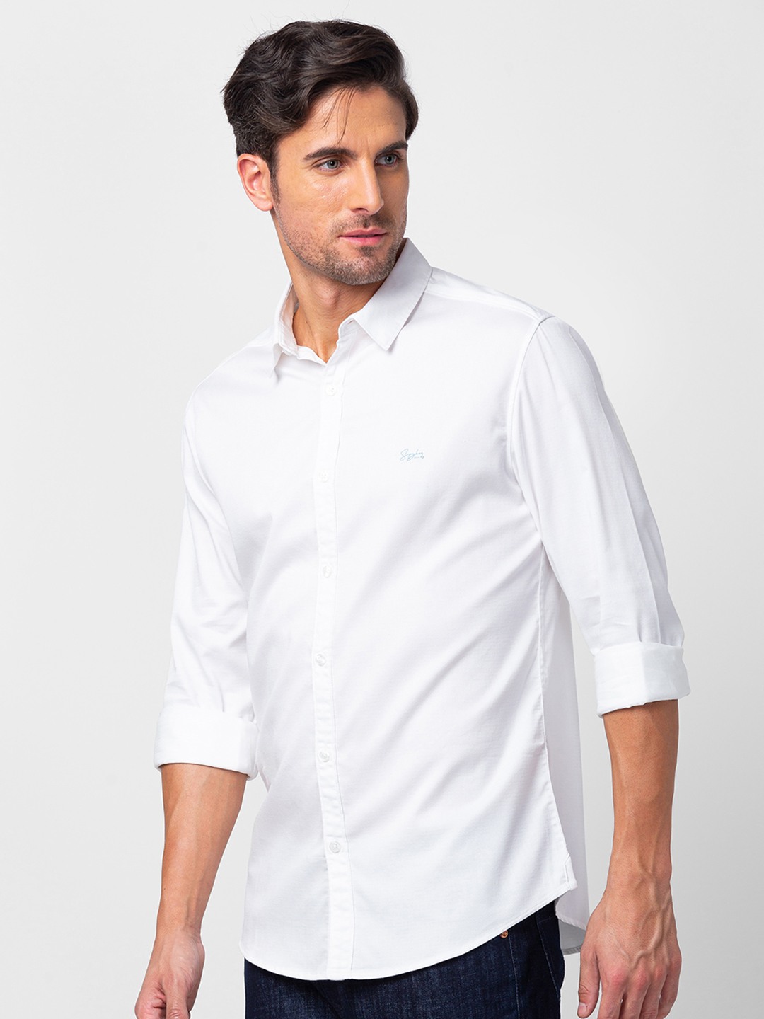 Spykar Men White Cotton Slim Fit Plain Shirt