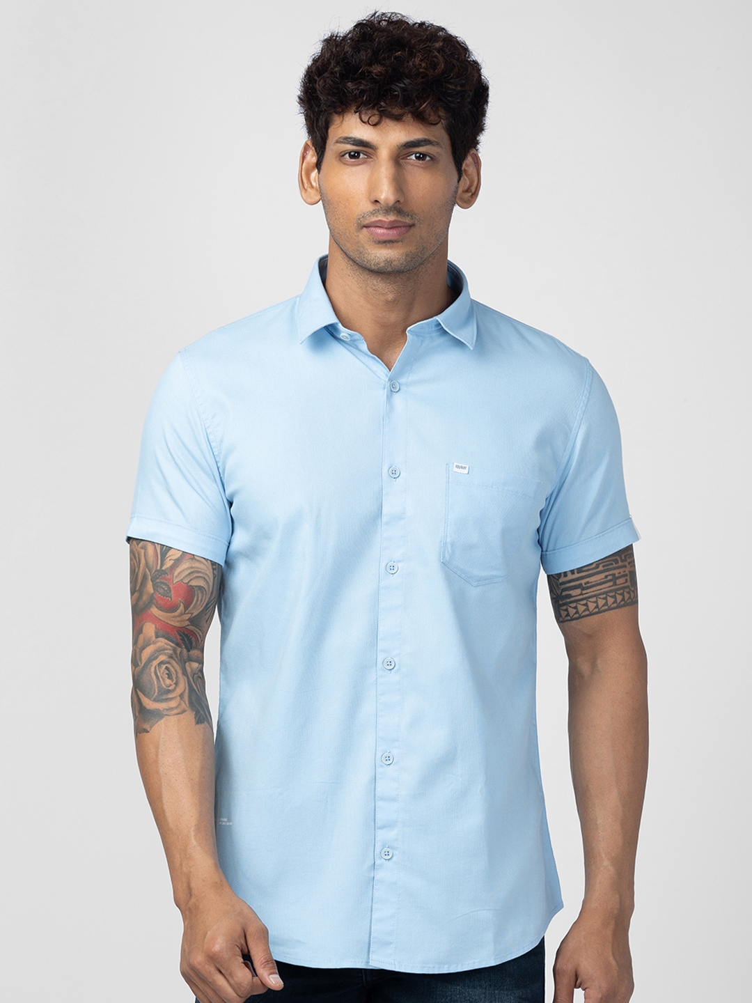 Spykar Dark Blue Cotton Full Sleeve Plain Shirt For Men