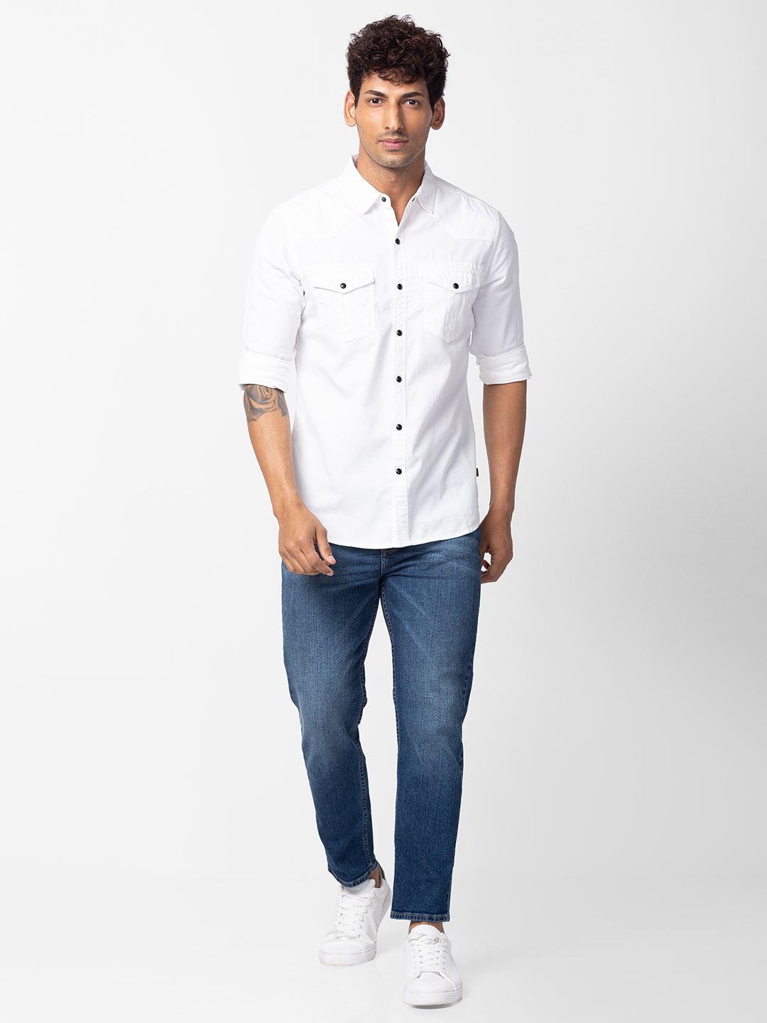 spykar | Spykar Men White Cotton Slim Fit Plain Shirt 1