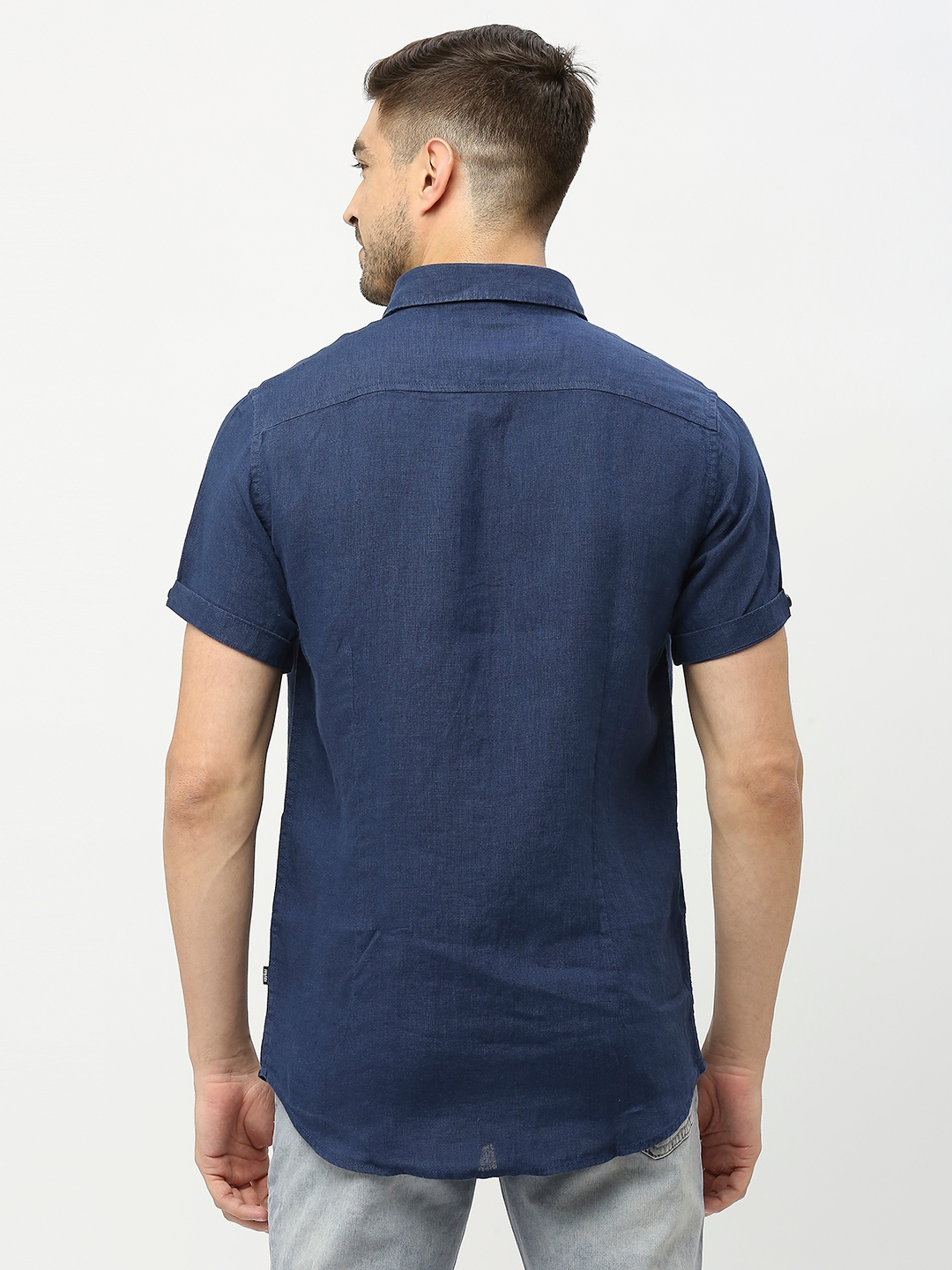 Spykar | Spykar Men Navy Blue Linen Regular Fit Half Sleeve Plain Shirt 3