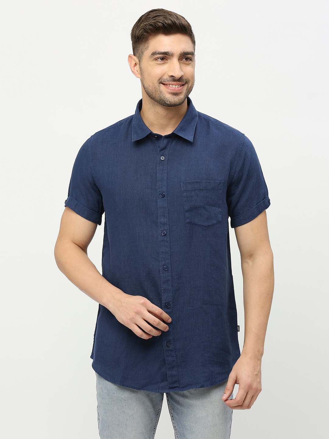 Spykar | Spykar Men Navy Blue Linen Regular Fit Half Sleeve Plain Shirt 0