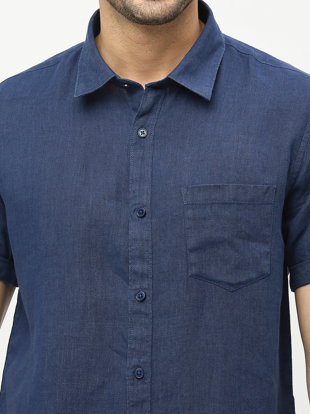Spykar | Spykar Men Navy Blue Linen Regular Fit Half Sleeve Plain Shirt 4
