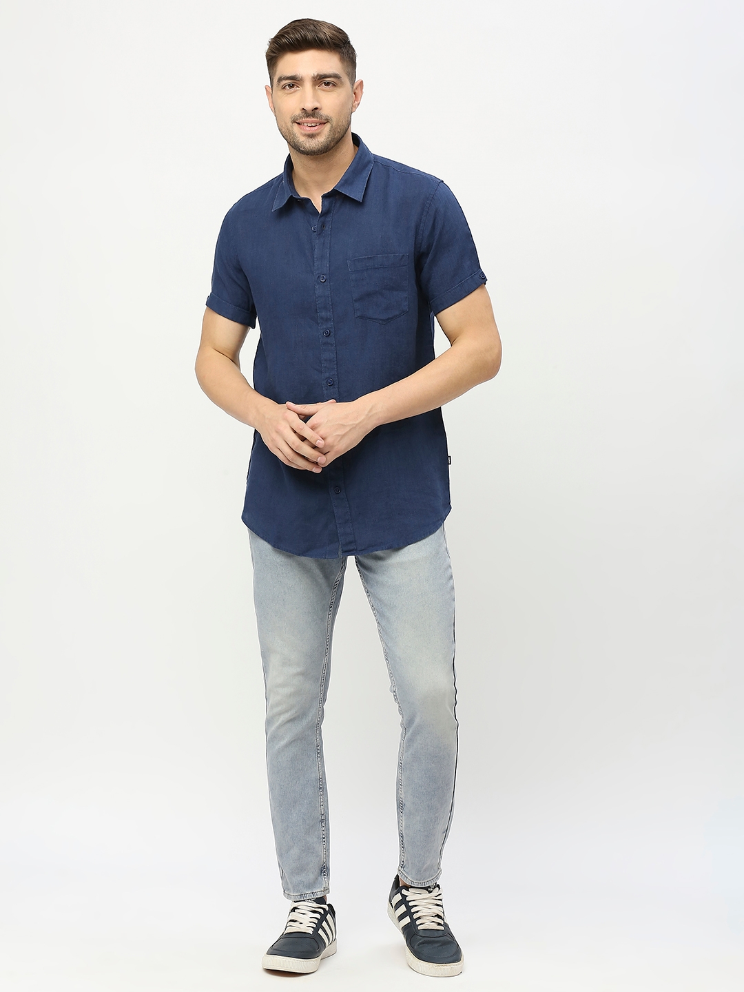 Spykar | Spykar Men Navy Blue Linen Regular Fit Half Sleeve Plain Shirt 5