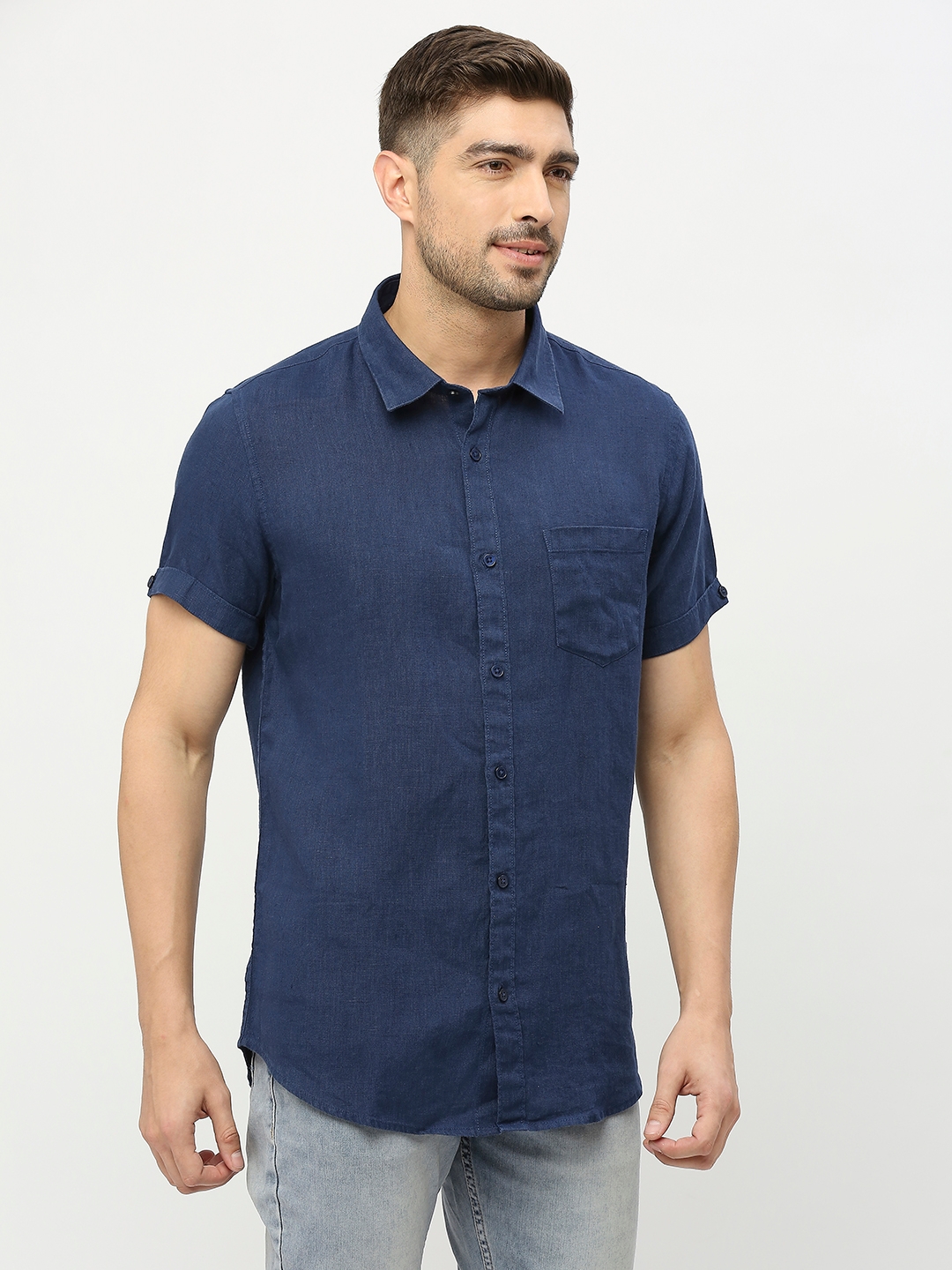 Spykar | Spykar Men Navy Blue Linen Regular Fit Half Sleeve Plain Shirt 2