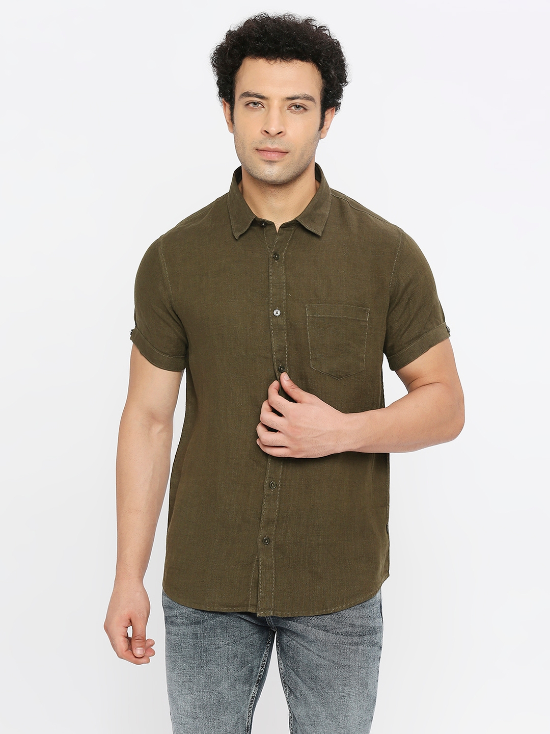 spykar | Spykar Men Military Green Linen Slim Fit Half Sleeve Plain Shirt 0