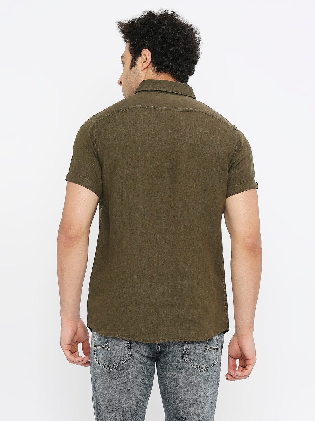 spykar | Spykar Men Military Green Linen Slim Fit Half Sleeve Plain Shirt 3