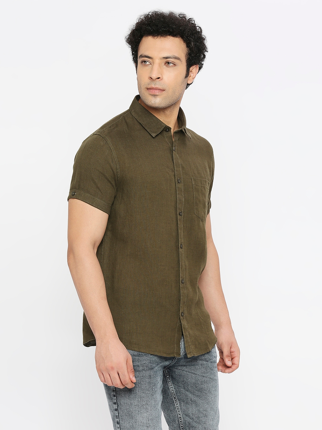 spykar | Spykar Men Military Green Linen Slim Fit Half Sleeve Plain Shirt 2