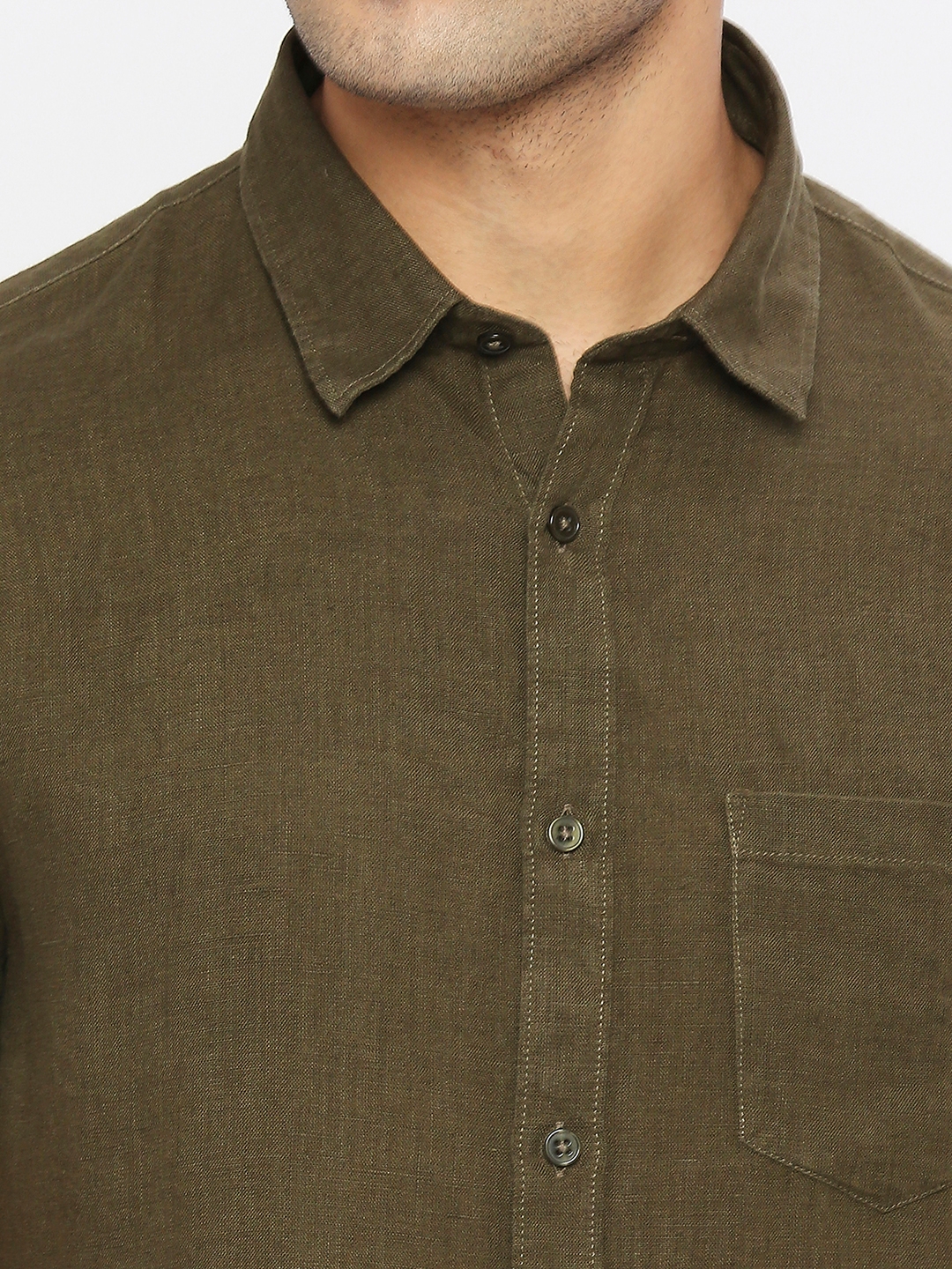 spykar | Spykar Men Military Green Linen Slim Fit Half Sleeve Plain Shirt 4