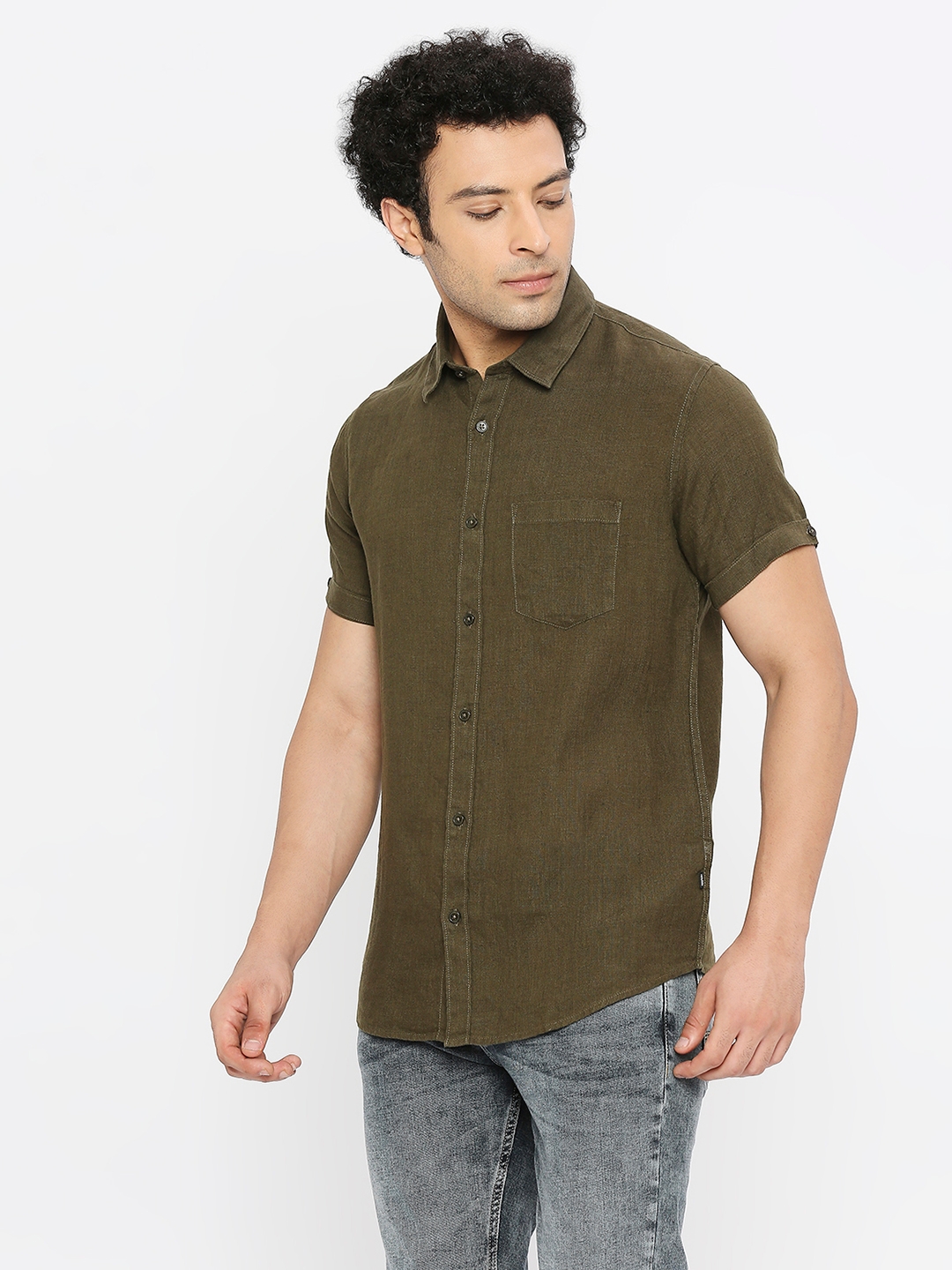 spykar | Spykar Men Military Green Linen Slim Fit Half Sleeve Plain Shirt 1