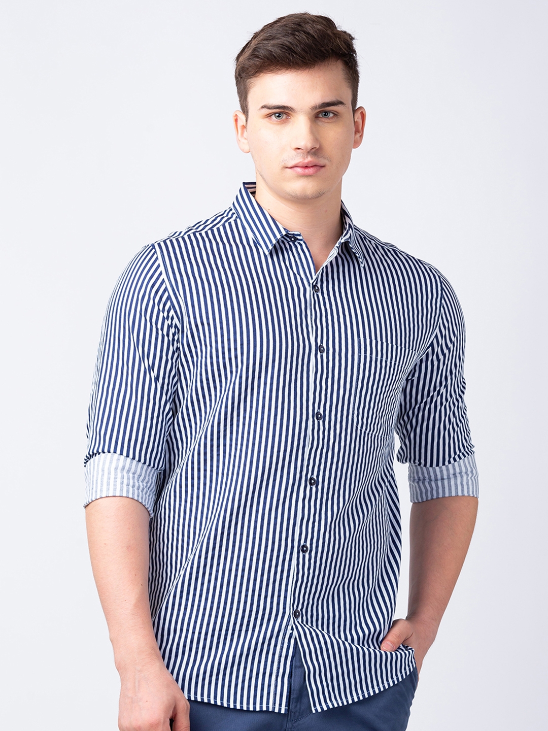 spykar | Spykar Men Navy Blue Cotton Slim Fit Striped Shirt 0