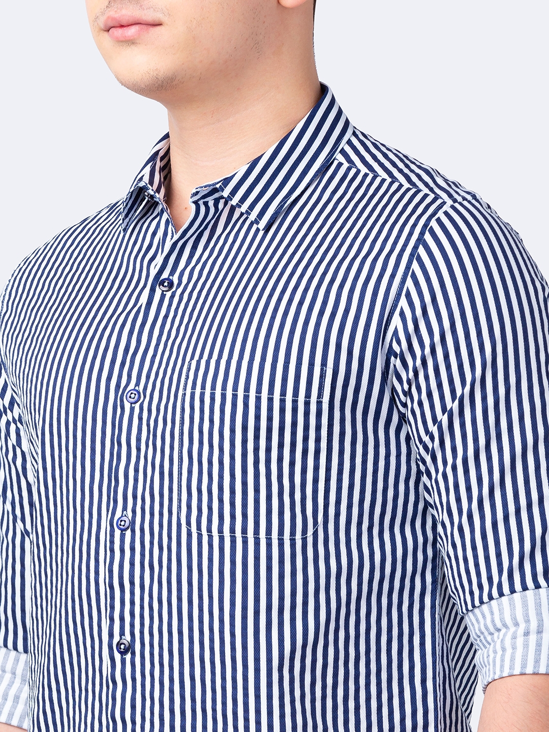 spykar | Spykar Men Navy Blue Cotton Slim Fit Striped Shirt 4