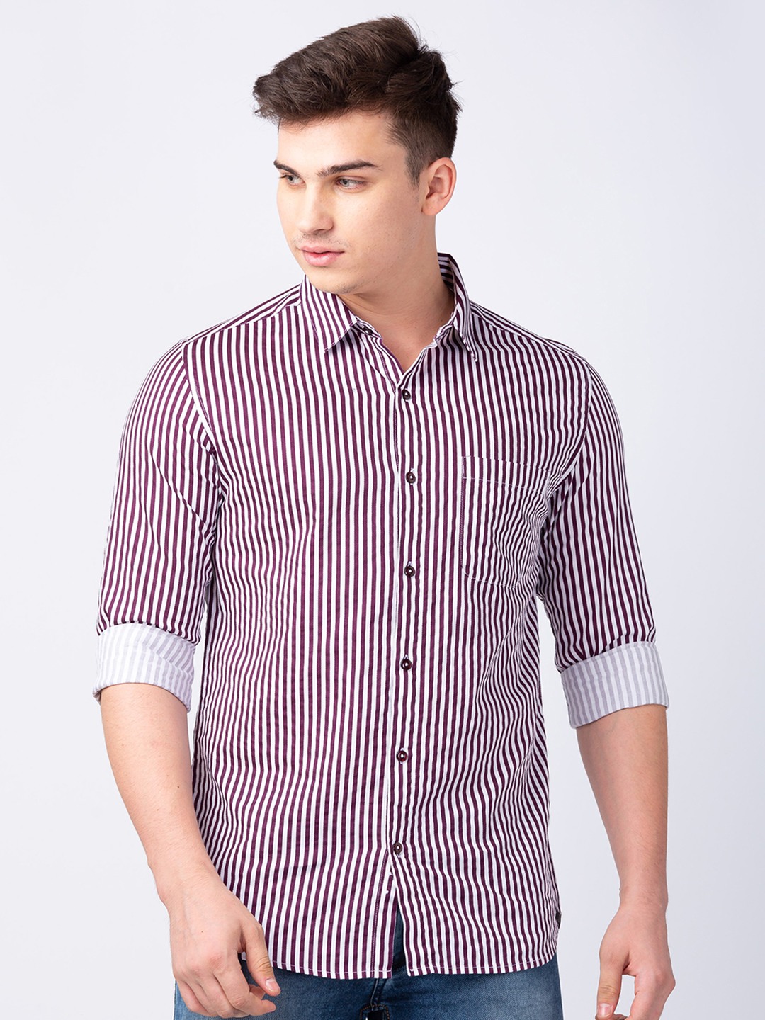 spykar | Spykar Men Wine Red Cotton Slim Fit Striped Shirt 0