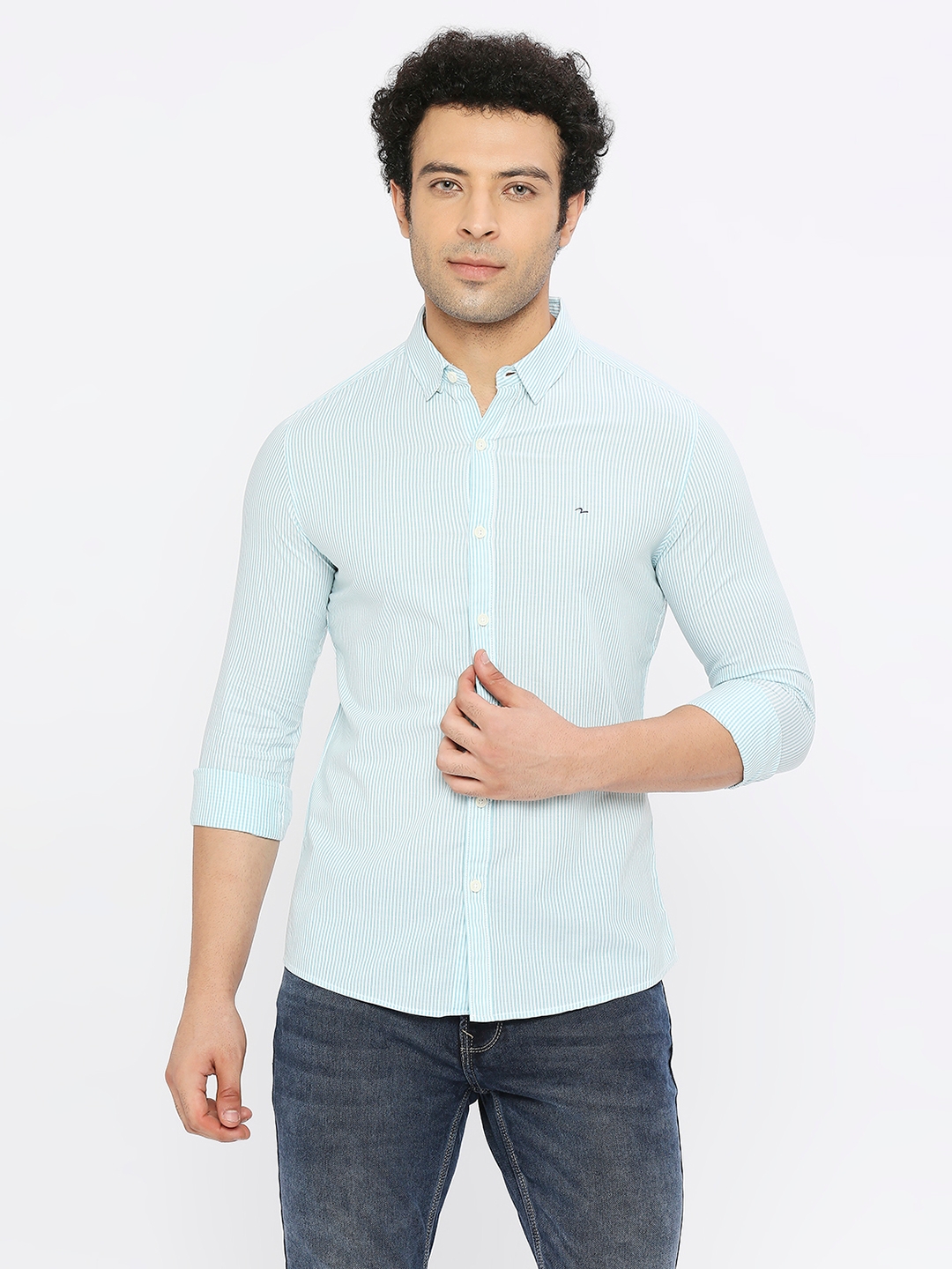 Spykar | Spykar Men Cool Blue Cotton Slim Fit Full Sleeve Striped Shirt 0