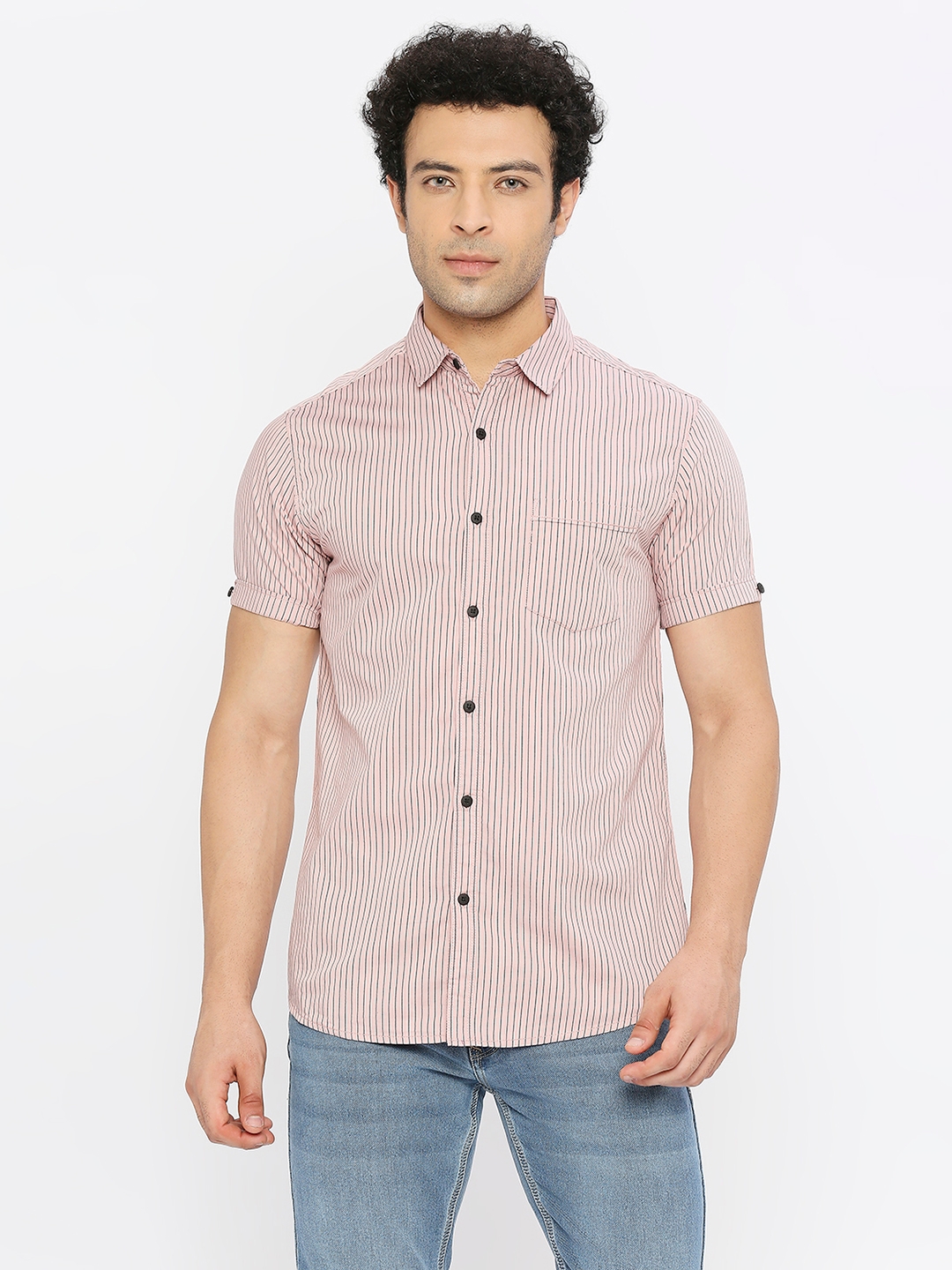 Spykar | Spykar Men Tan Pink Cotton Slim Fit Half Sleeve Striped Shirt 0
