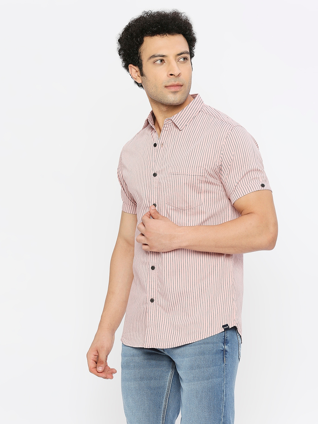 Spykar | Spykar Men Tan Pink Cotton Slim Fit Half Sleeve Striped Shirt 1