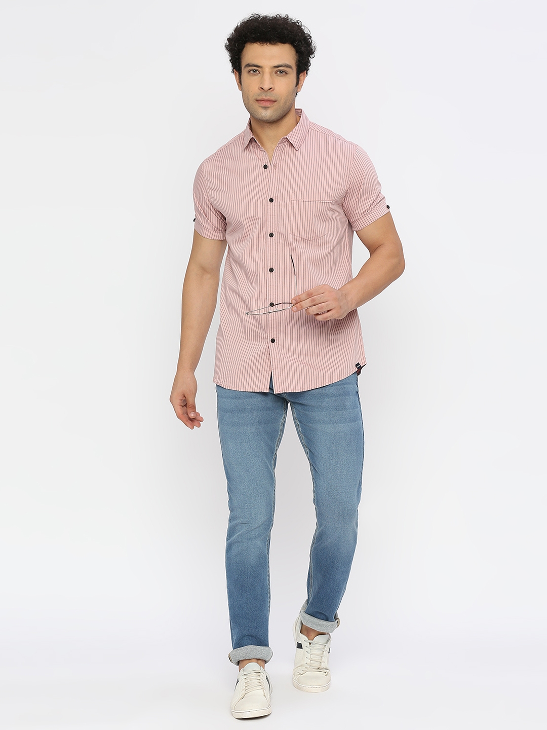 Spykar | Spykar Men Tan Pink Cotton Slim Fit Half Sleeve Striped Shirt 5