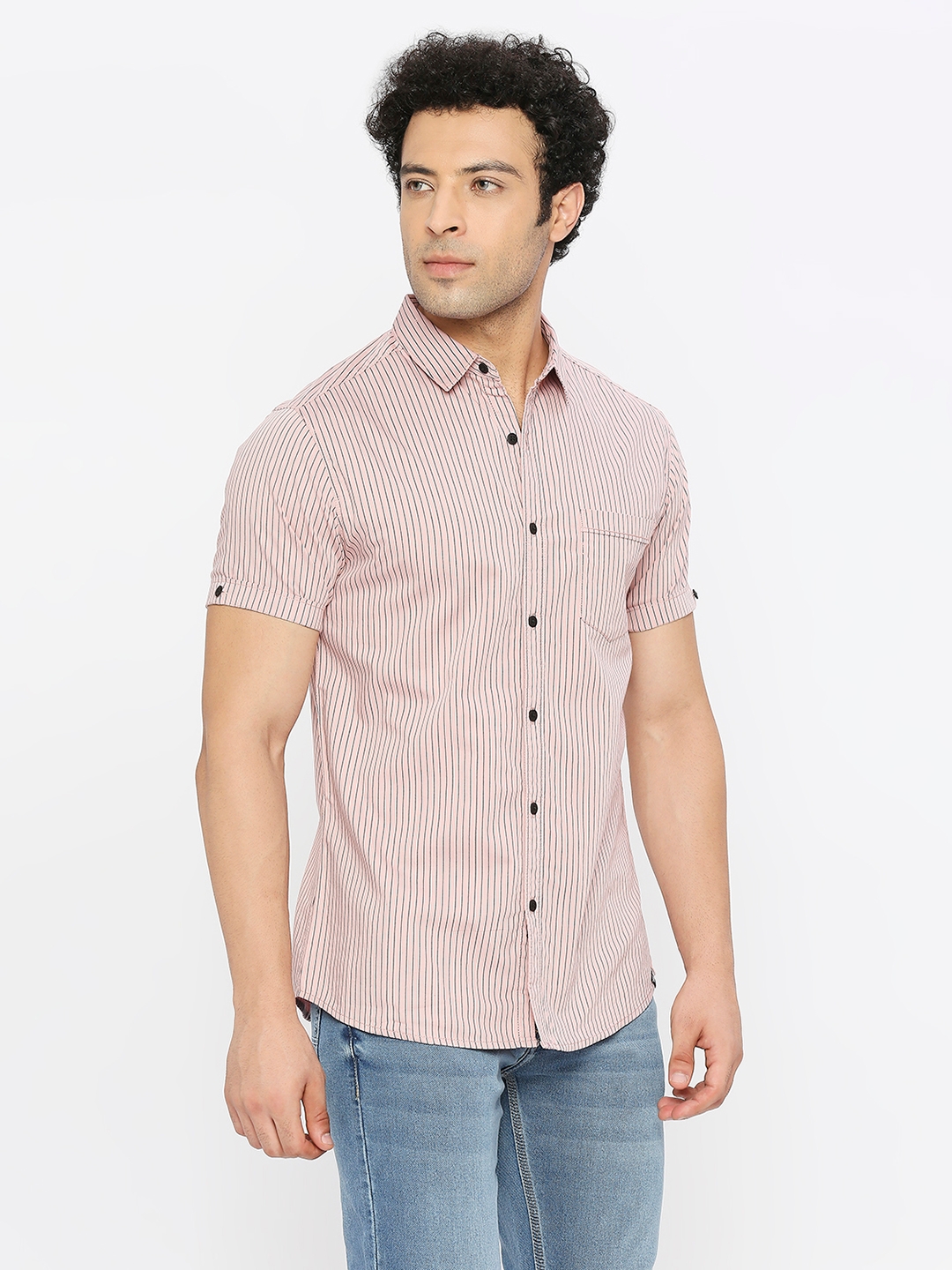 Spykar | Spykar Men Tan Pink Cotton Slim Fit Half Sleeve Striped Shirt 2