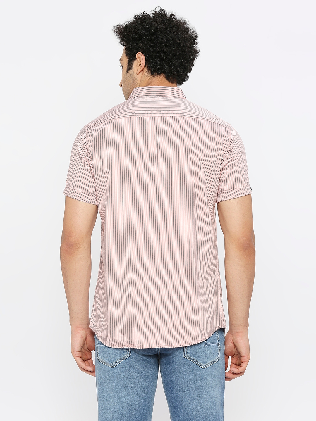 Spykar | Spykar Men Tan Pink Cotton Slim Fit Half Sleeve Striped Shirt 3
