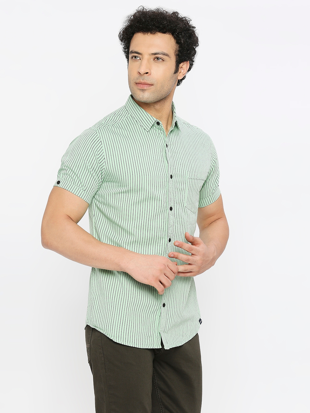 Spykar | Spykar Men Pista Green Cotton Slim Fit Half Sleeve Striped Shirt 2