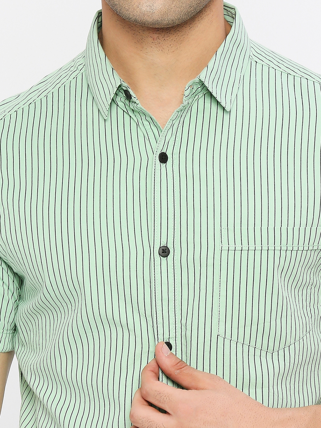 Spykar | Spykar Men Pista Green Cotton Slim Fit Half Sleeve Striped Shirt 4