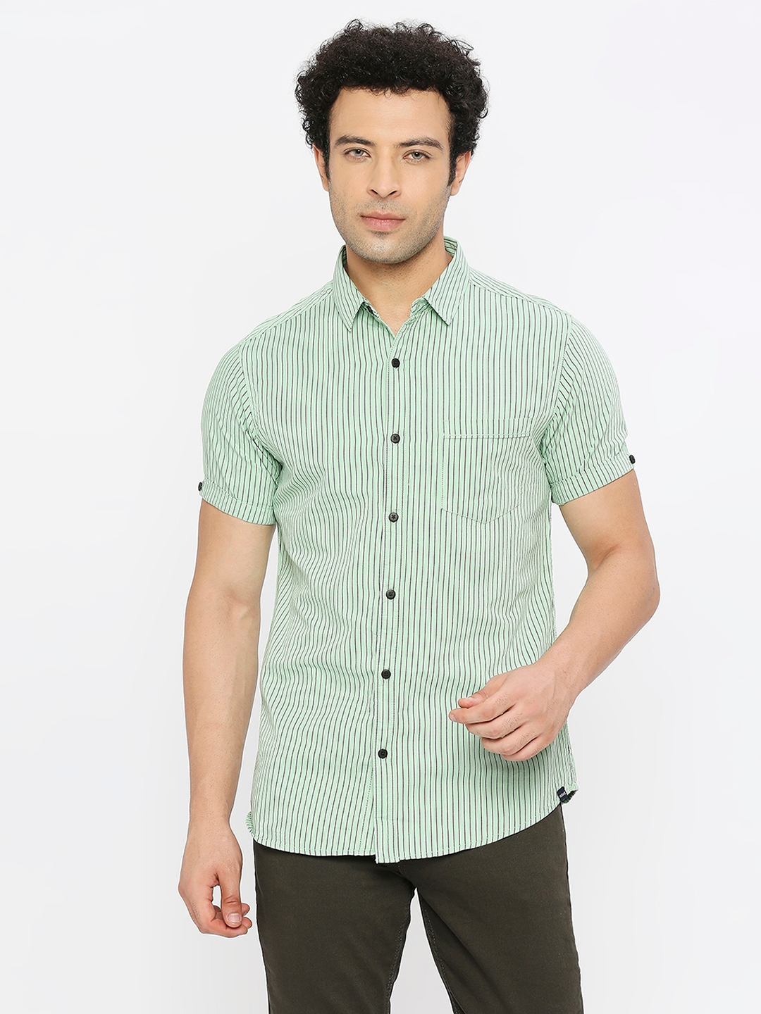 Spykar | Spykar Men Pista Green Cotton Slim Fit Half Sleeve Striped Shirt 0