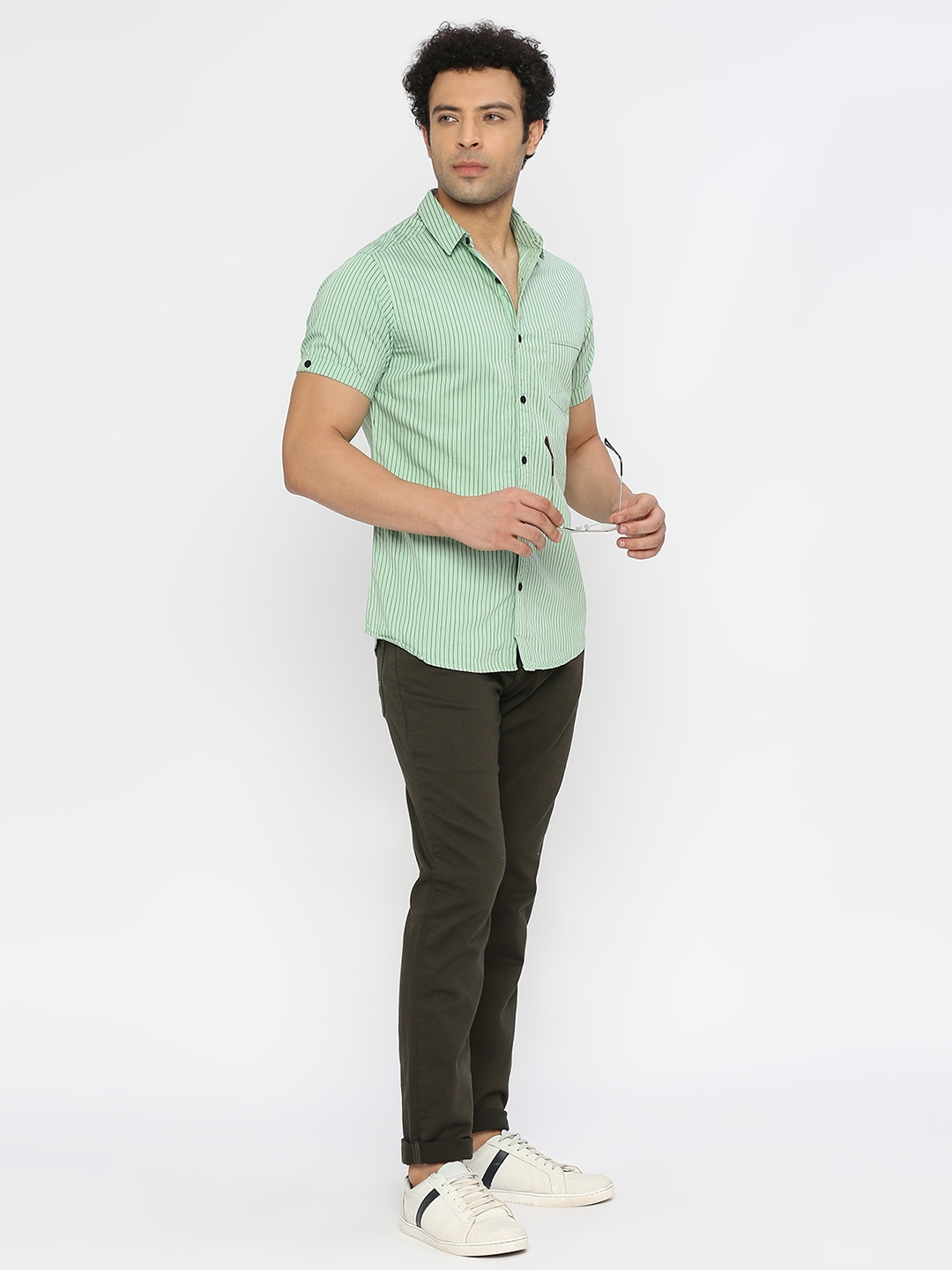 Spykar | Spykar Men Pista Green Cotton Slim Fit Half Sleeve Striped Shirt 5