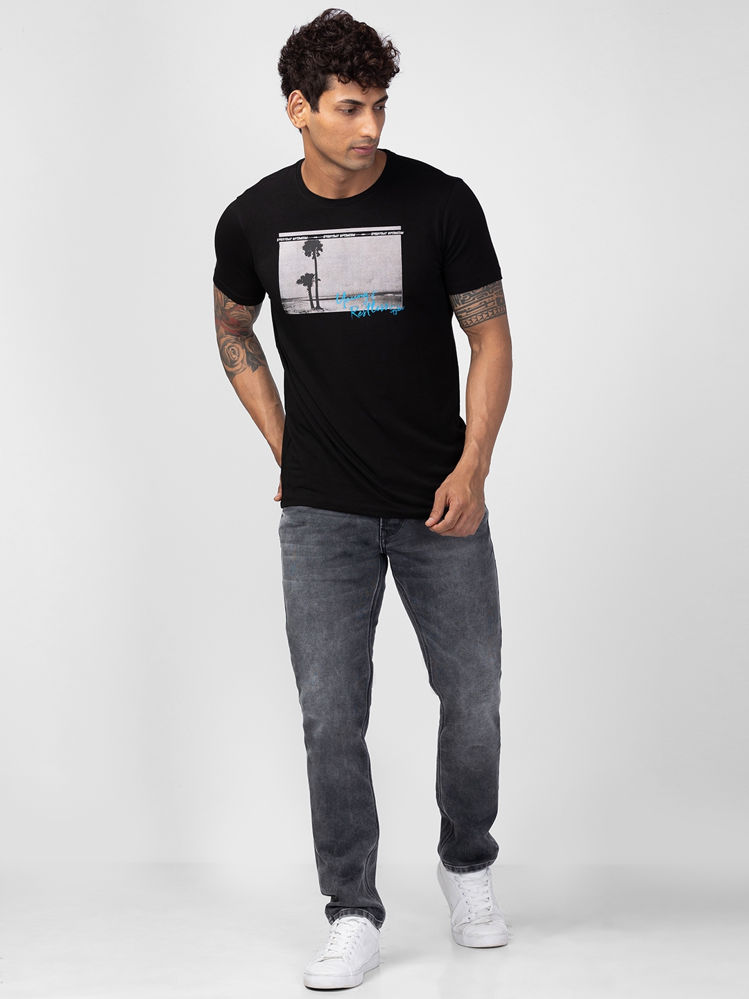 spykar | Spykar Men Black Cotton Regular Fit Half Sleeve Printed T-Shirt 1