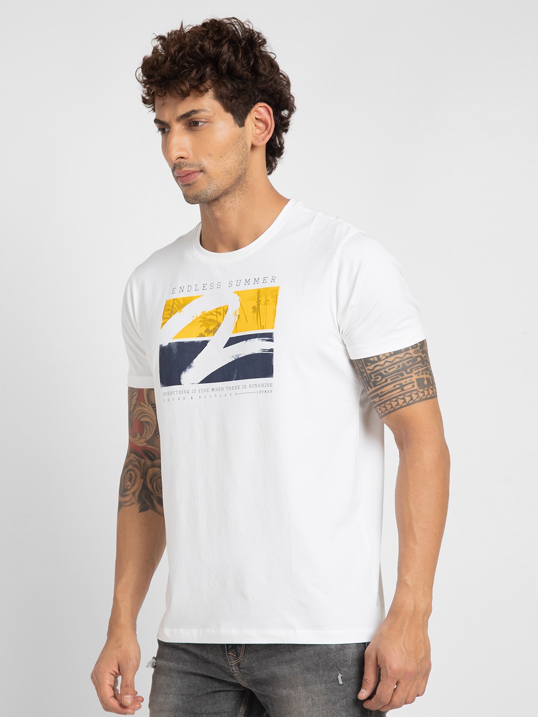Spykar Men White Cotton Slim Fit Printed Round Neck Tshirt