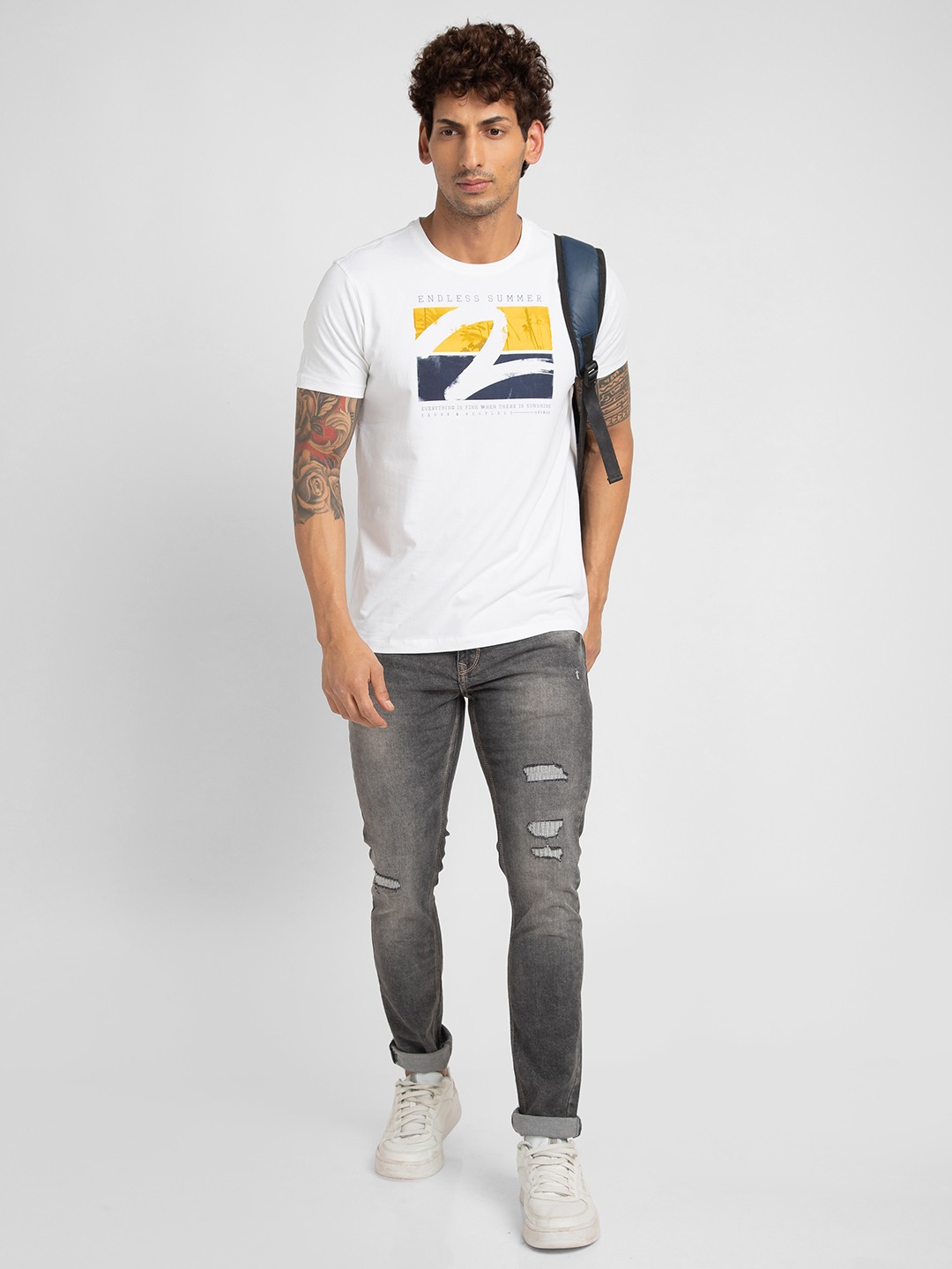 Spykar Men White Cotton Slim Fit Printed Round Neck Tshirt