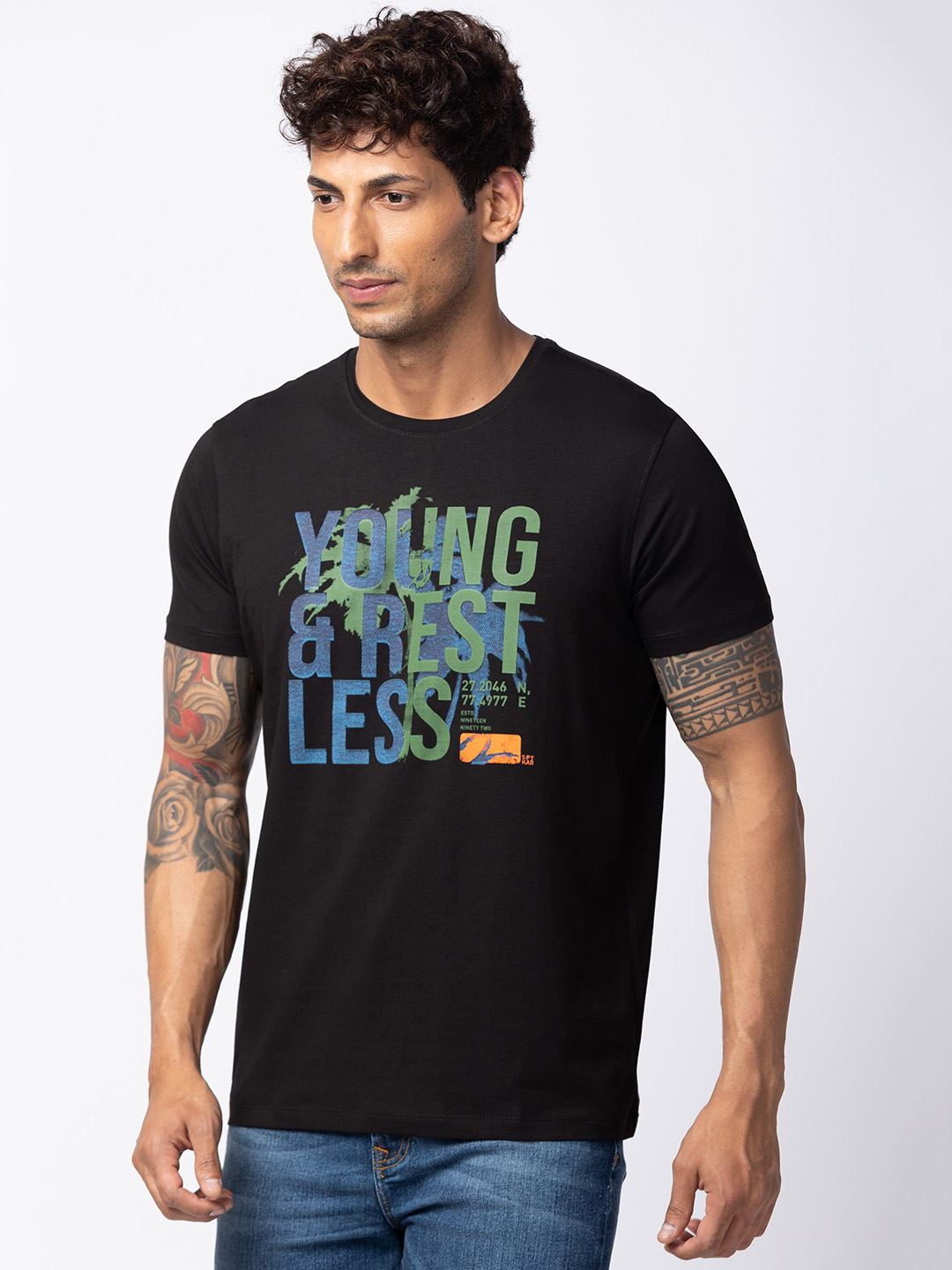 Spykar Men Black Cotton Regular Fit Half Sleeve Printed T-Shirt