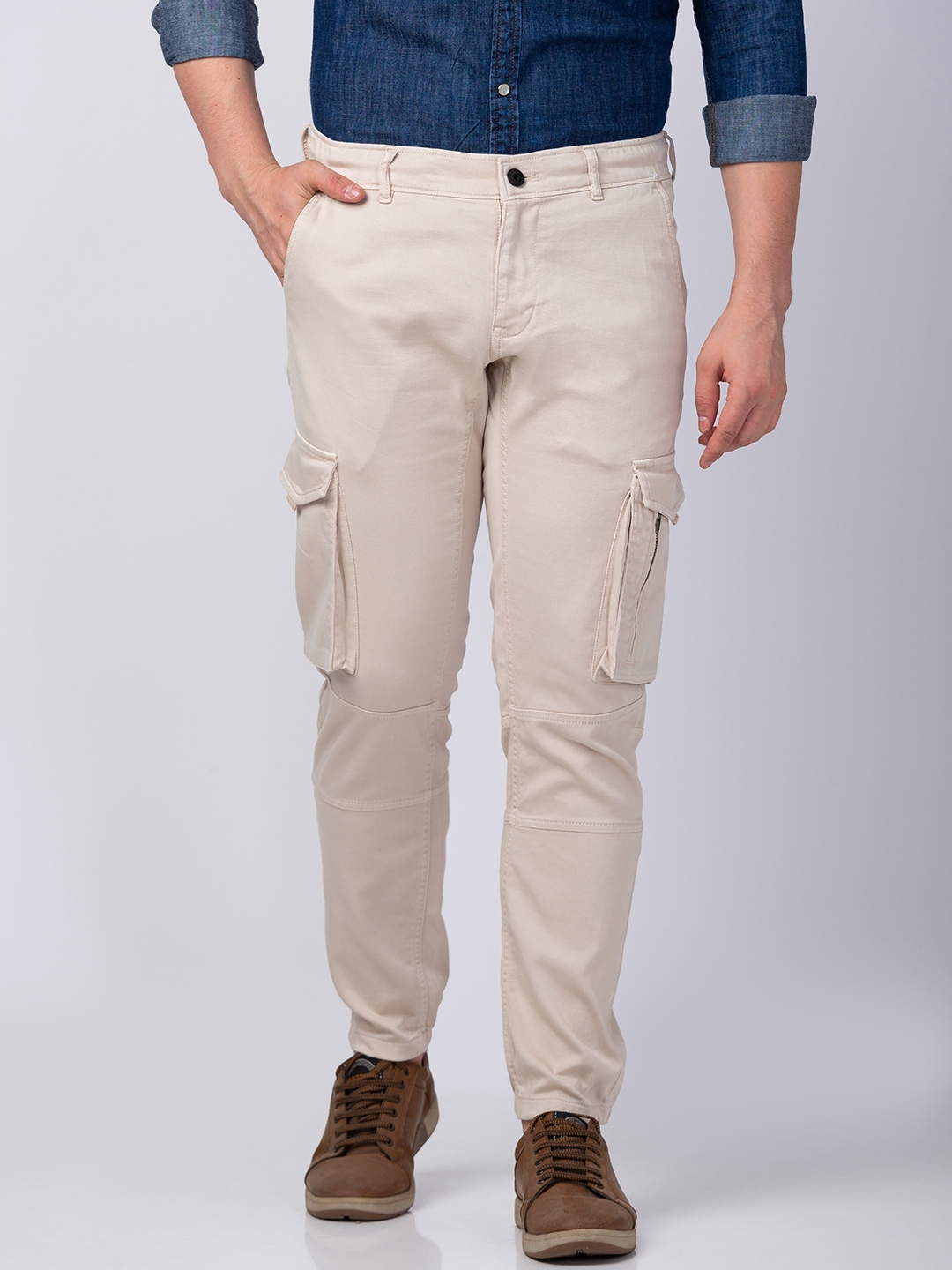 spykar | Men's Beige Lycra Solid Trousers 0