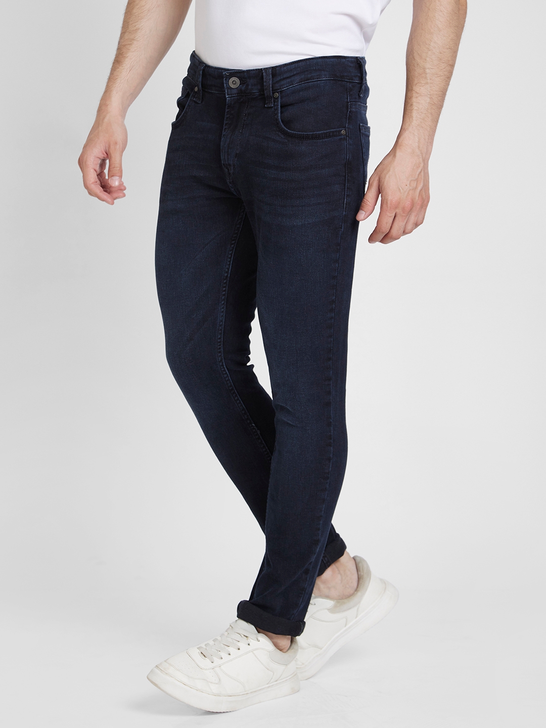 spykar | Spykar Men Charcoal Black Cotton Stretch Super Slim Fit Tapered Length Clean Look Low Rise Jeans - (Super Skinny) 3