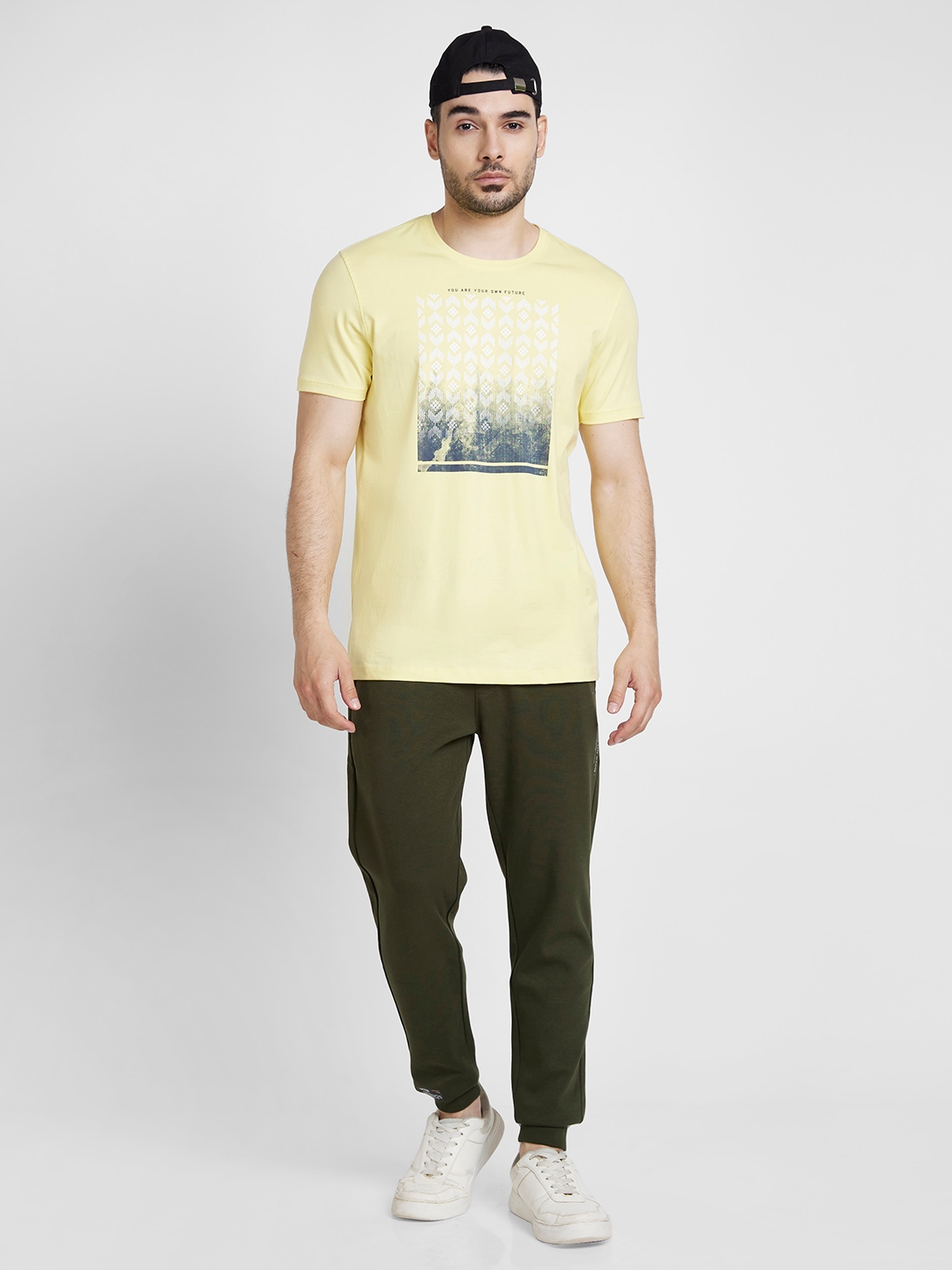 spykar | Spykar Men Powder Yellow Cotton Slim Fit Printed Round Neck Tshirt 5