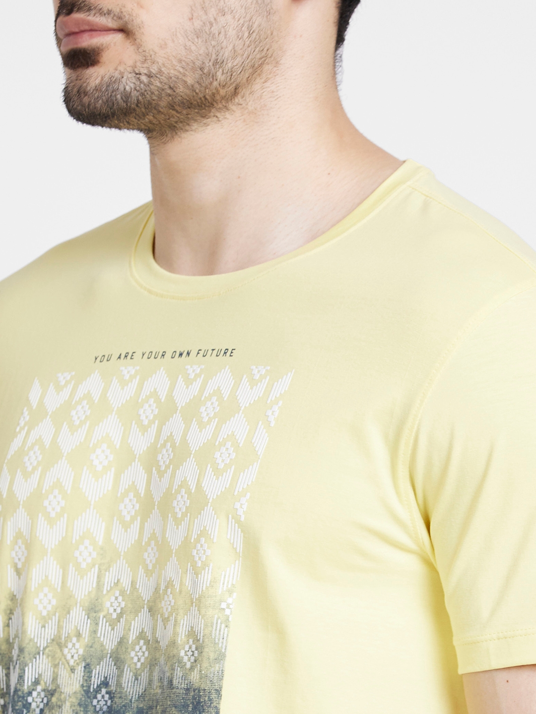 spykar | Spykar Men Powder Yellow Cotton Slim Fit Printed Round Neck Tshirt 4