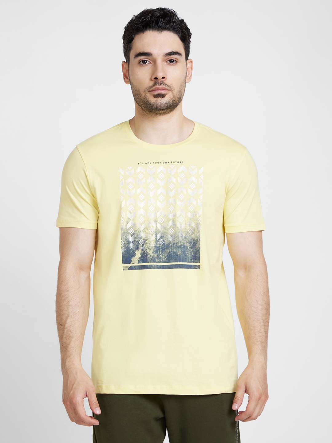 spykar | Spykar Men Powder Yellow Cotton Slim Fit Printed Round Neck Tshirt 0